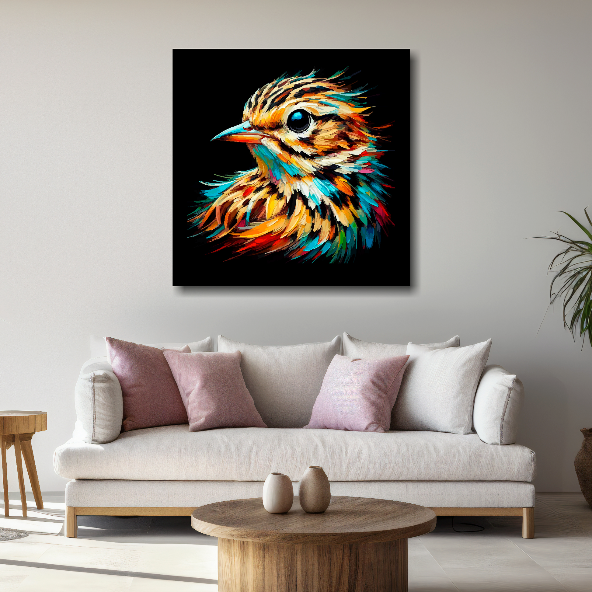 Large Skylark canvas above white sofa - vibrant abstract bird portrait wall art UK