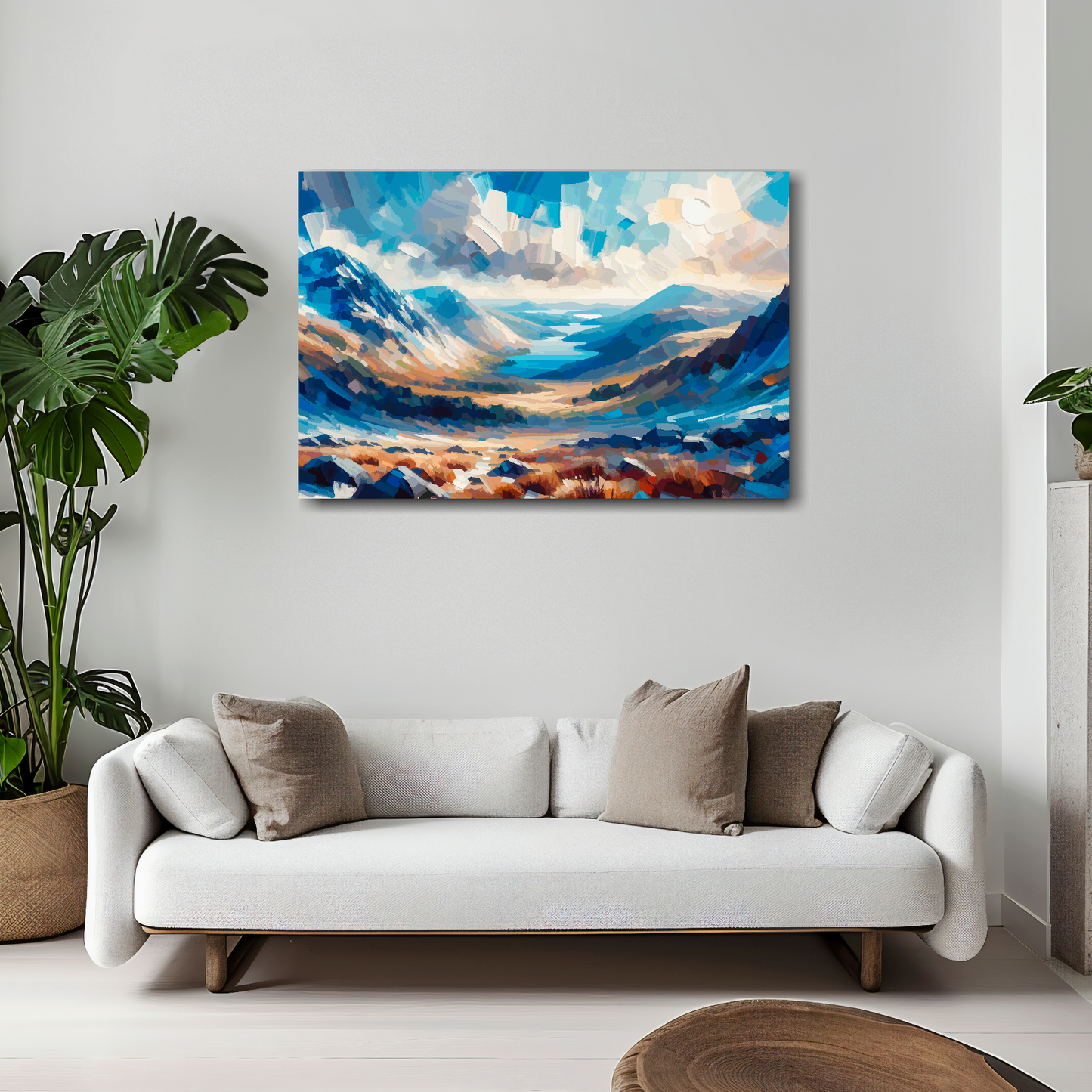 Snowdonia canvas 30x20 inches above white sofa - vibrant Welsh mountain wall art UK