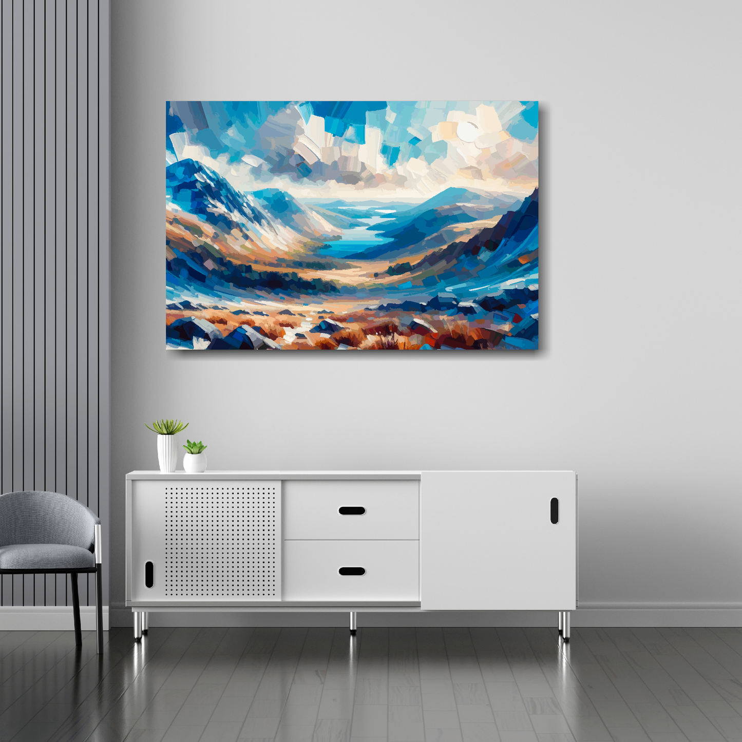 Snowdonia canvas 36x24 inches above sideboard - large colourful Welsh mountain art UK made