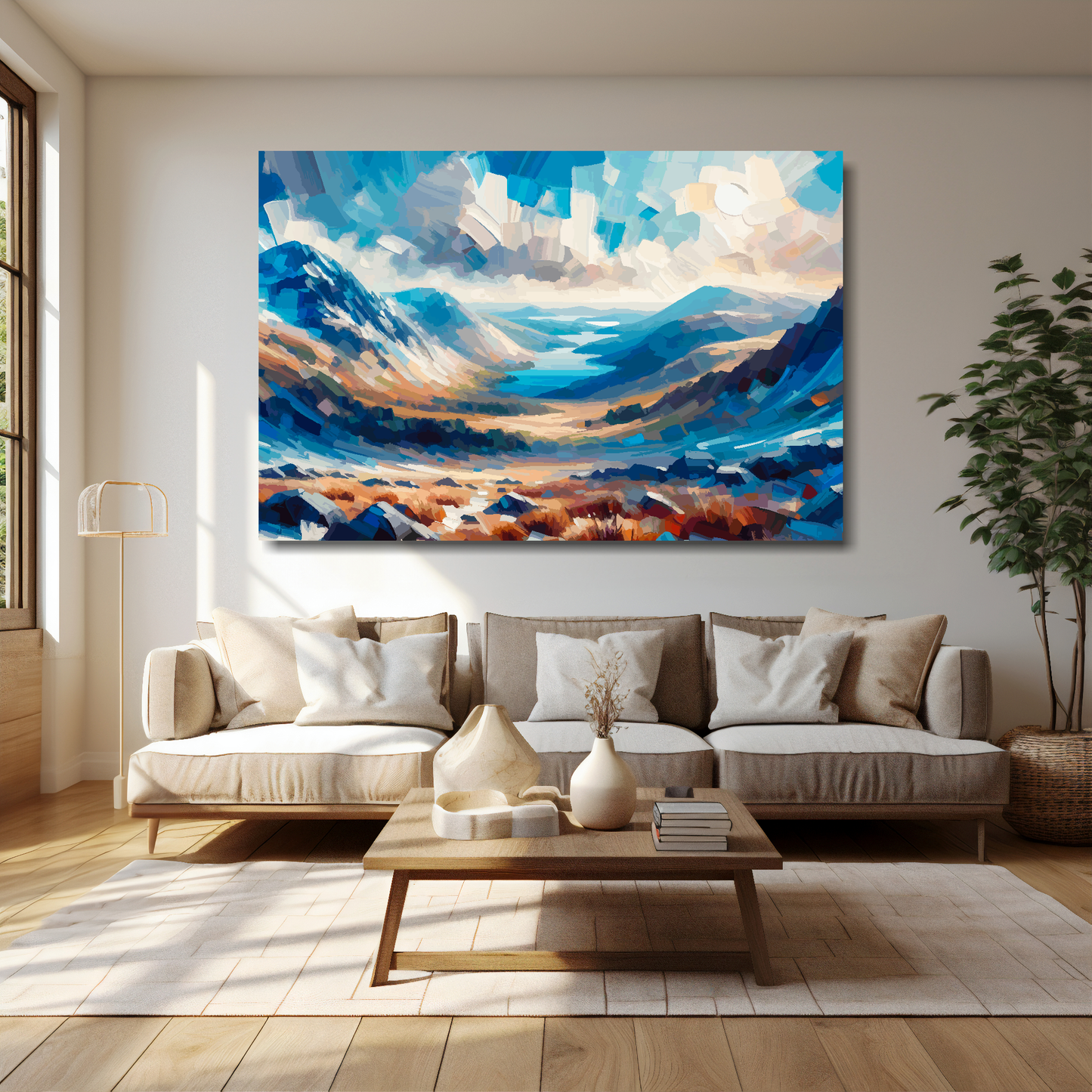 Snowdonia canvas 60x40 inches above cream sofa - XL vibrant Welsh mountain wall art UK