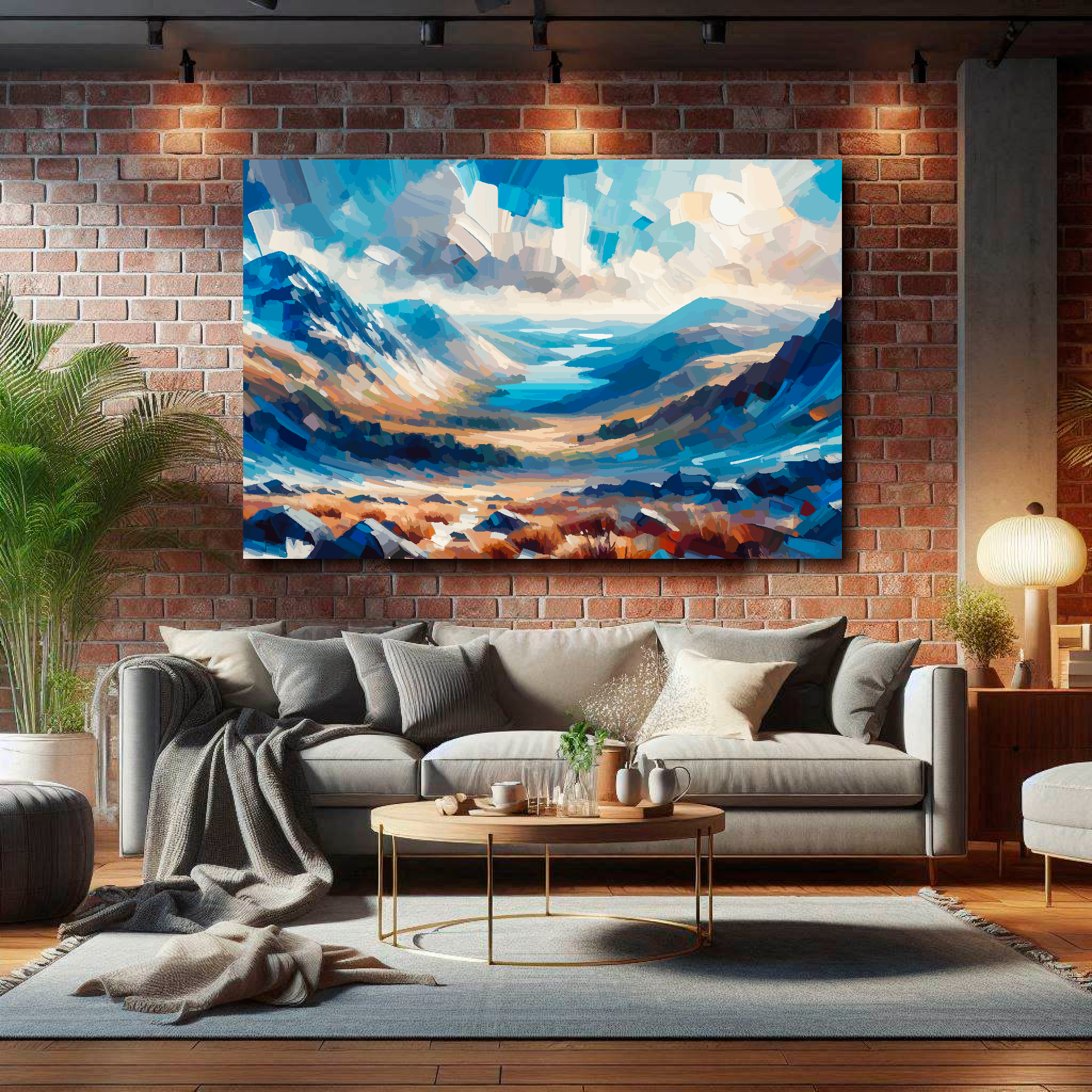 Large Snowdonia canvas on brick wall above grey sofa - bold Welsh mountain art UK living room