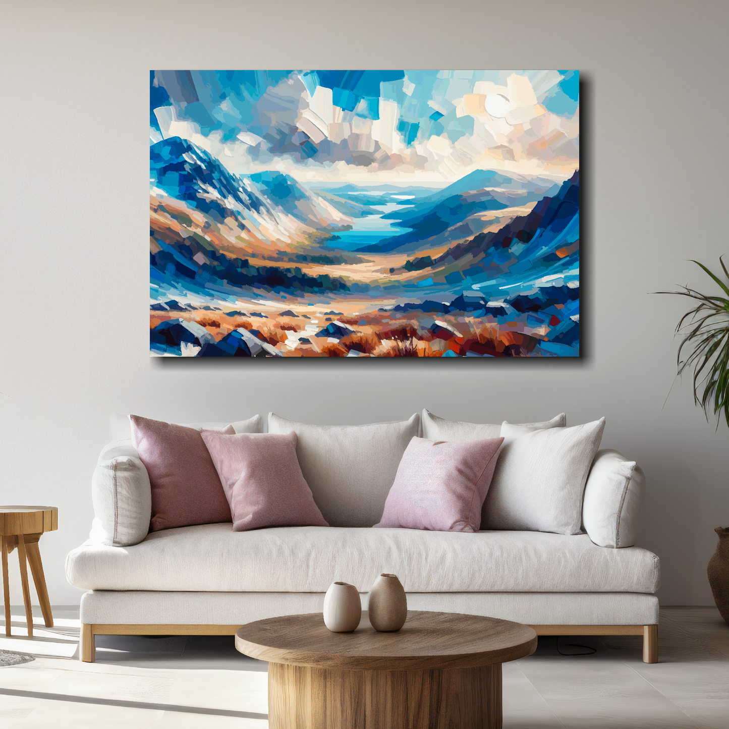 Large Snowdonia canvas above white sofa - vibrant abstract Welsh mountain wall art UK