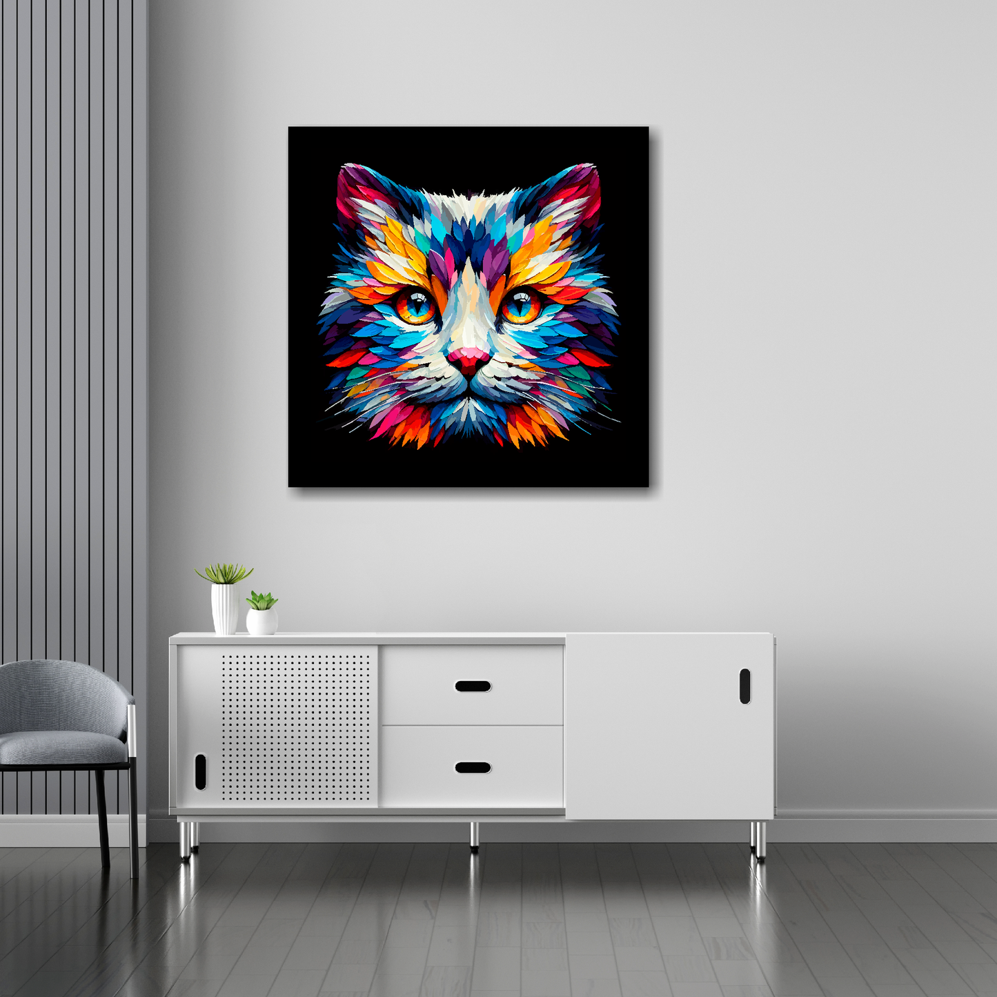 Snowshoe cat canvas 30x30 inches above sideboard - large colourful cat portrait UK made