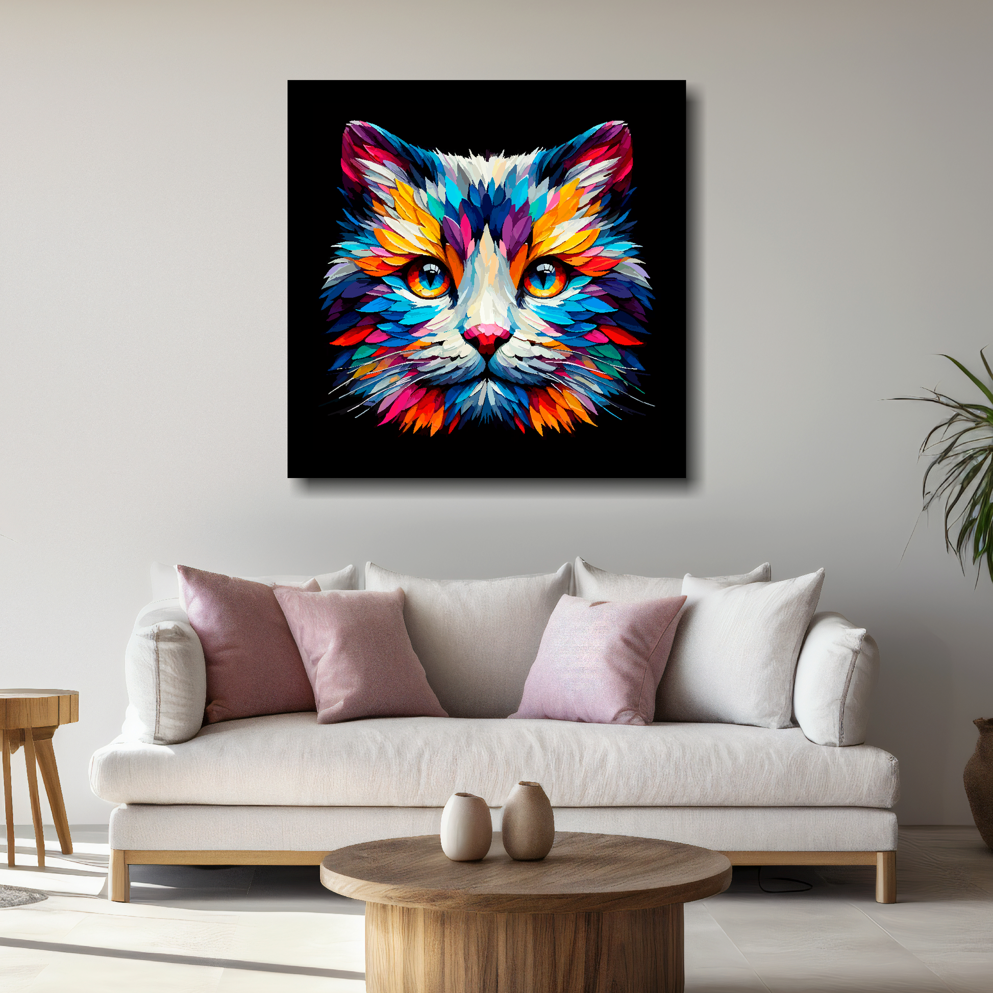 Large Snowshoe cat canvas above white sofa - vibrant abstract cat portrait wall art UK