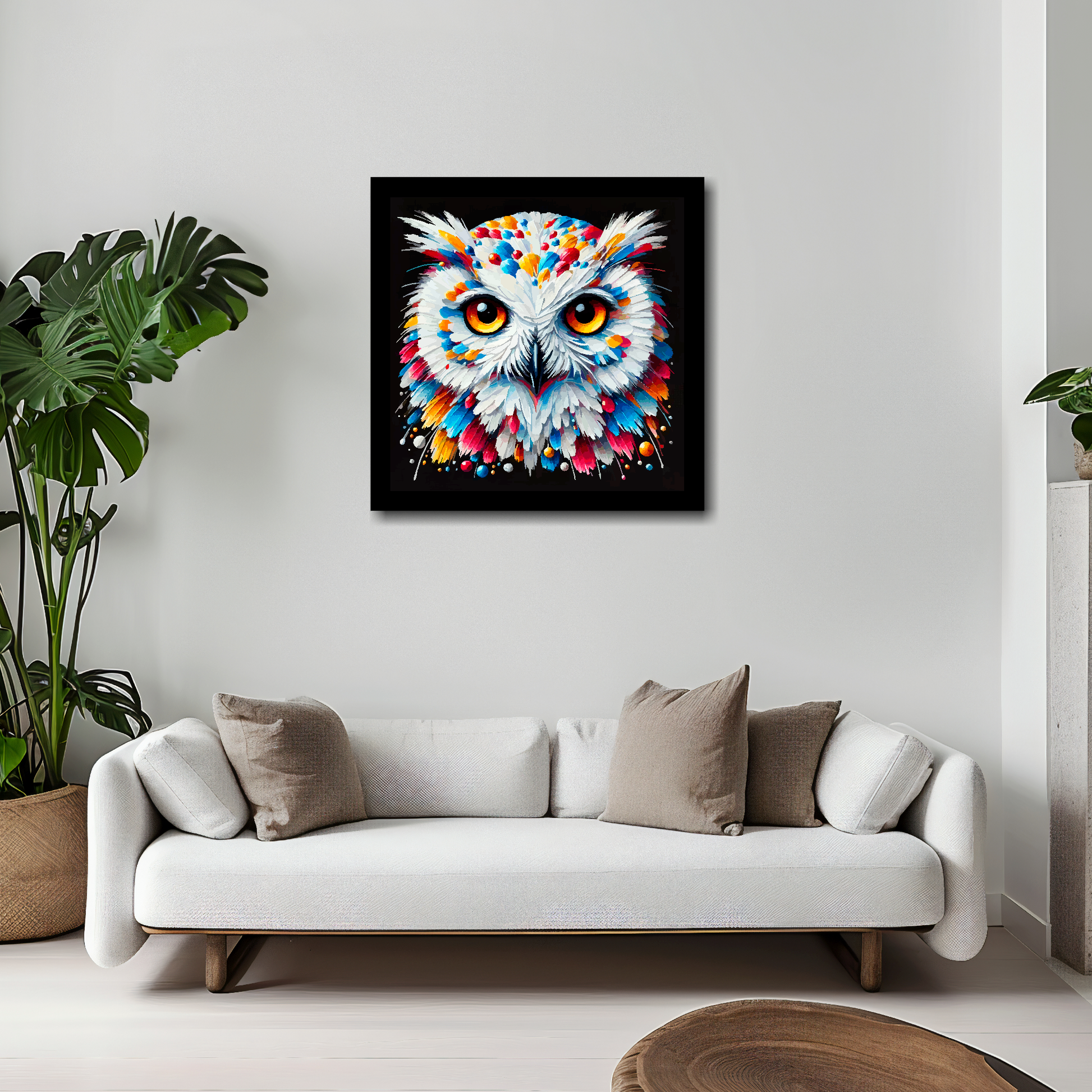 Snowy Owl canvas 20x20 inches above white sofa - vibrant bird portrait wall art UK