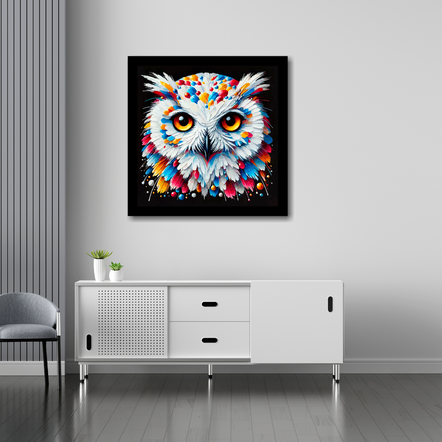 Snowy Owl canvas 30x30 inches above sideboard - large colourful bird portrait UK made