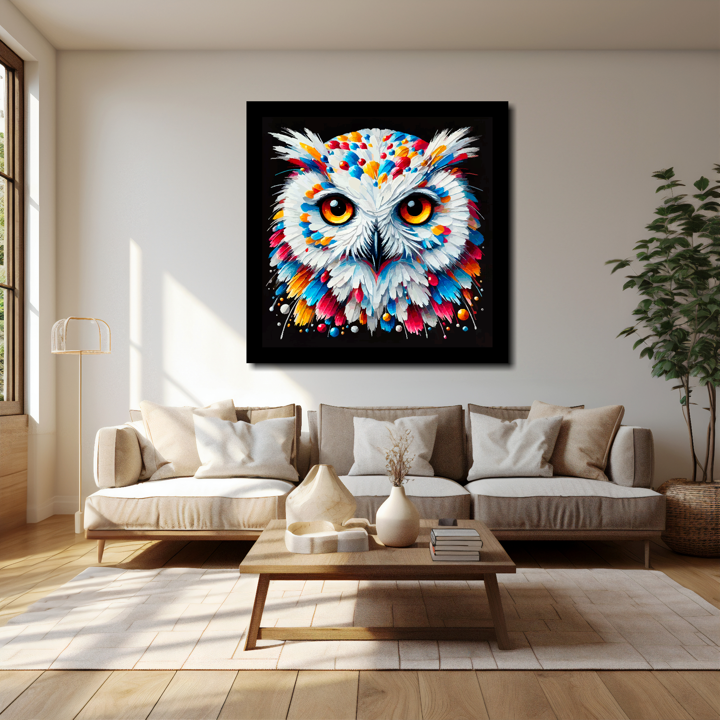 Snowy Owl canvas 40x40 inches above cream sofa - XL vibrant bird wall art UK