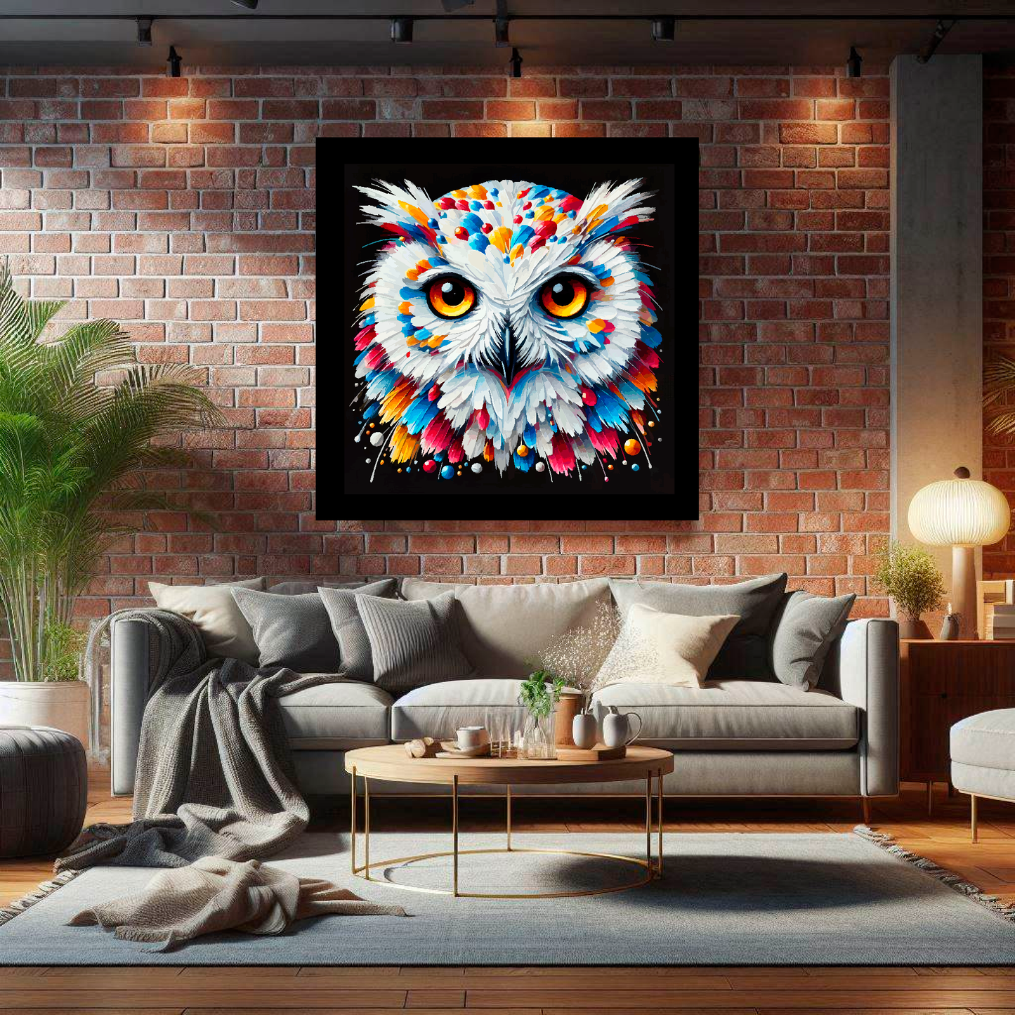 Large Snowy Owl canvas on brick wall above grey sofa - bold bird portrait UK living room