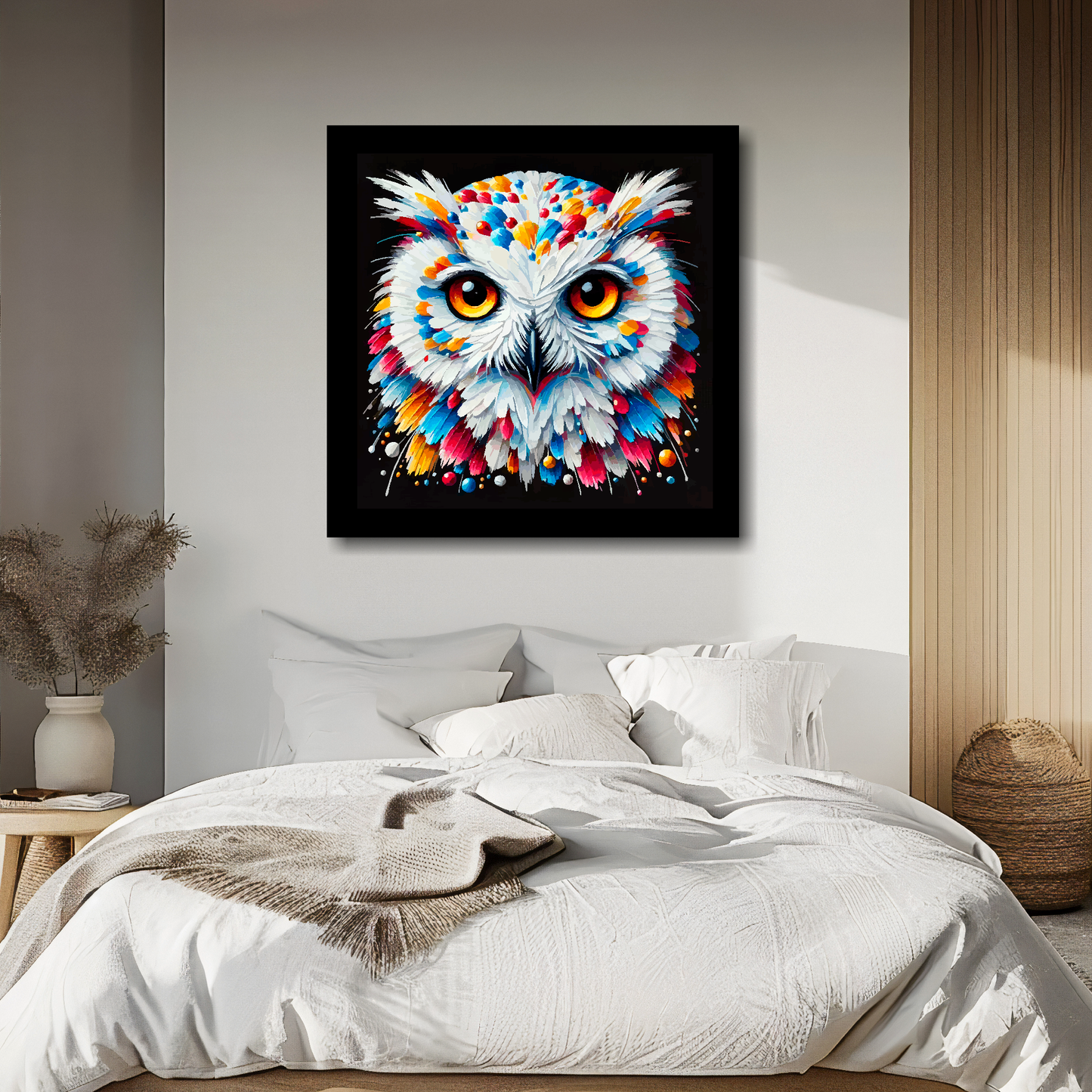Snowy Owl portrait canvas above bed - colourful bird wall decor for UK bedrooms