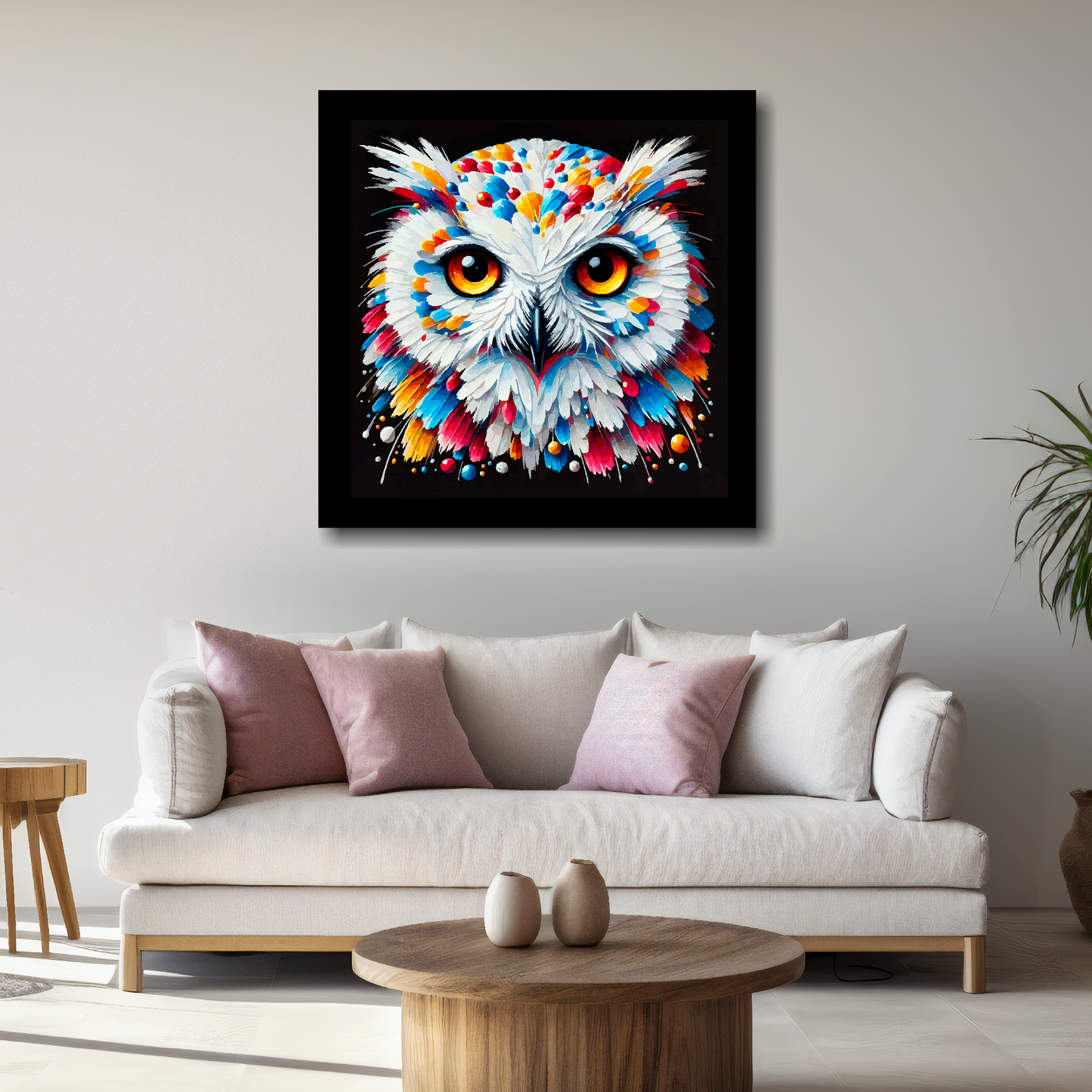 Large Snowy Owl canvas above white sofa - vibrant abstract bird portrait wall art UK