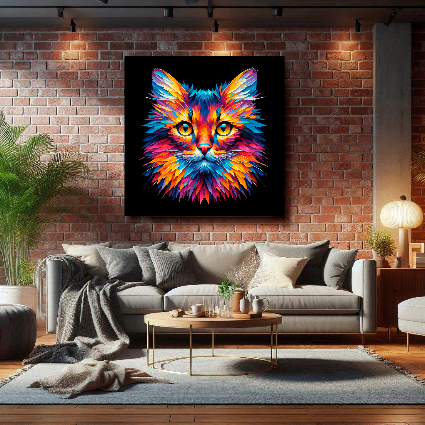 Large Somali cat canvas on brick wall above grey sofa - bold cat portrait UK living room
