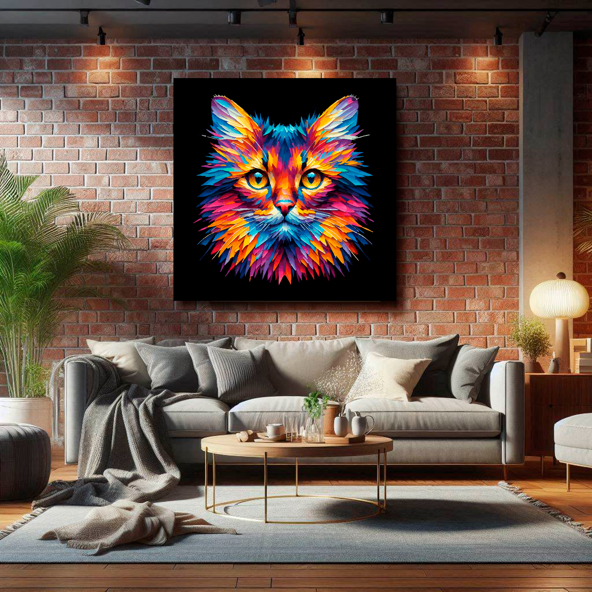 Large Somali cat canvas on brick wall above grey sofa - bold cat portrait UK living room