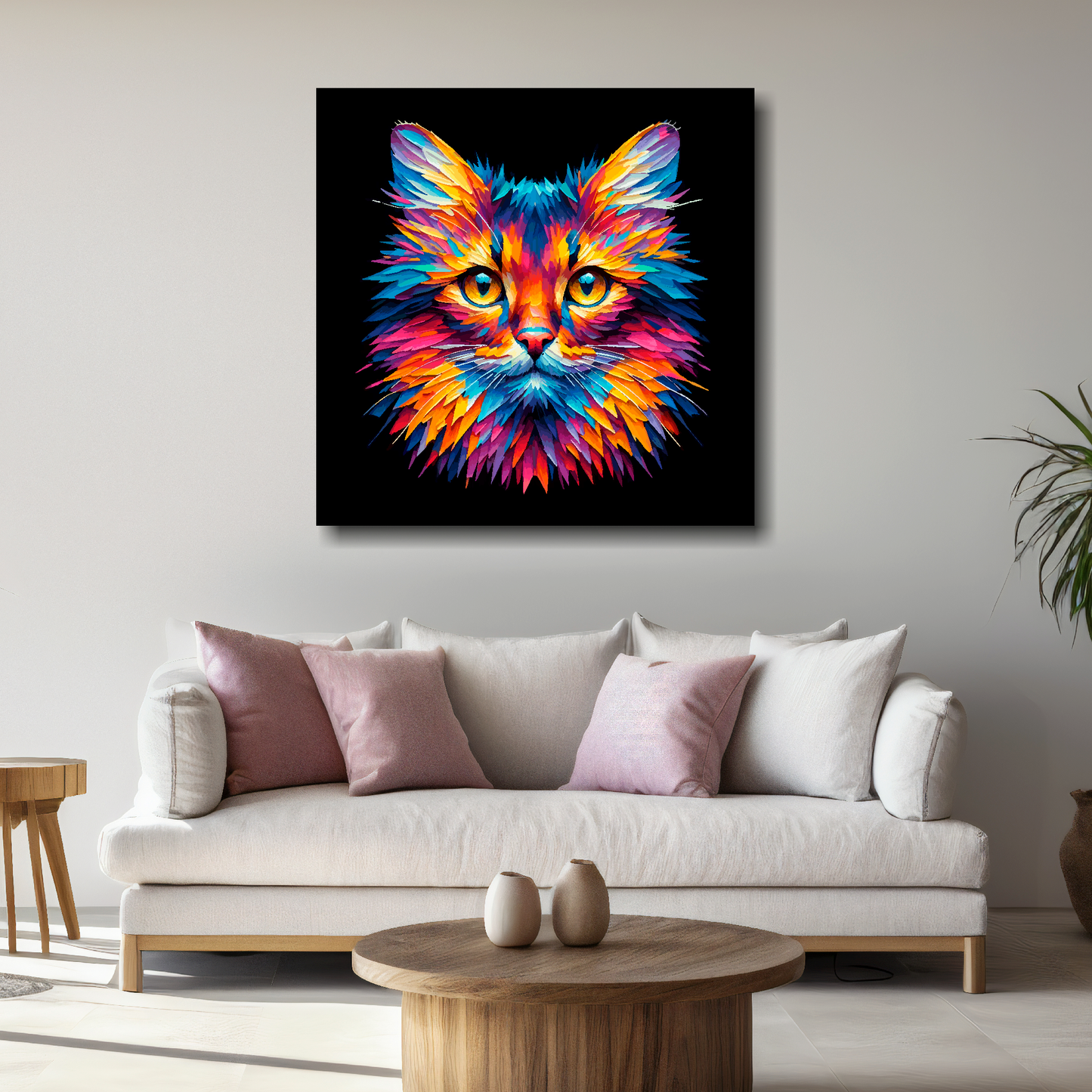 Large Somali cat canvas above white sofa - vibrant abstract cat portrait wall art UK