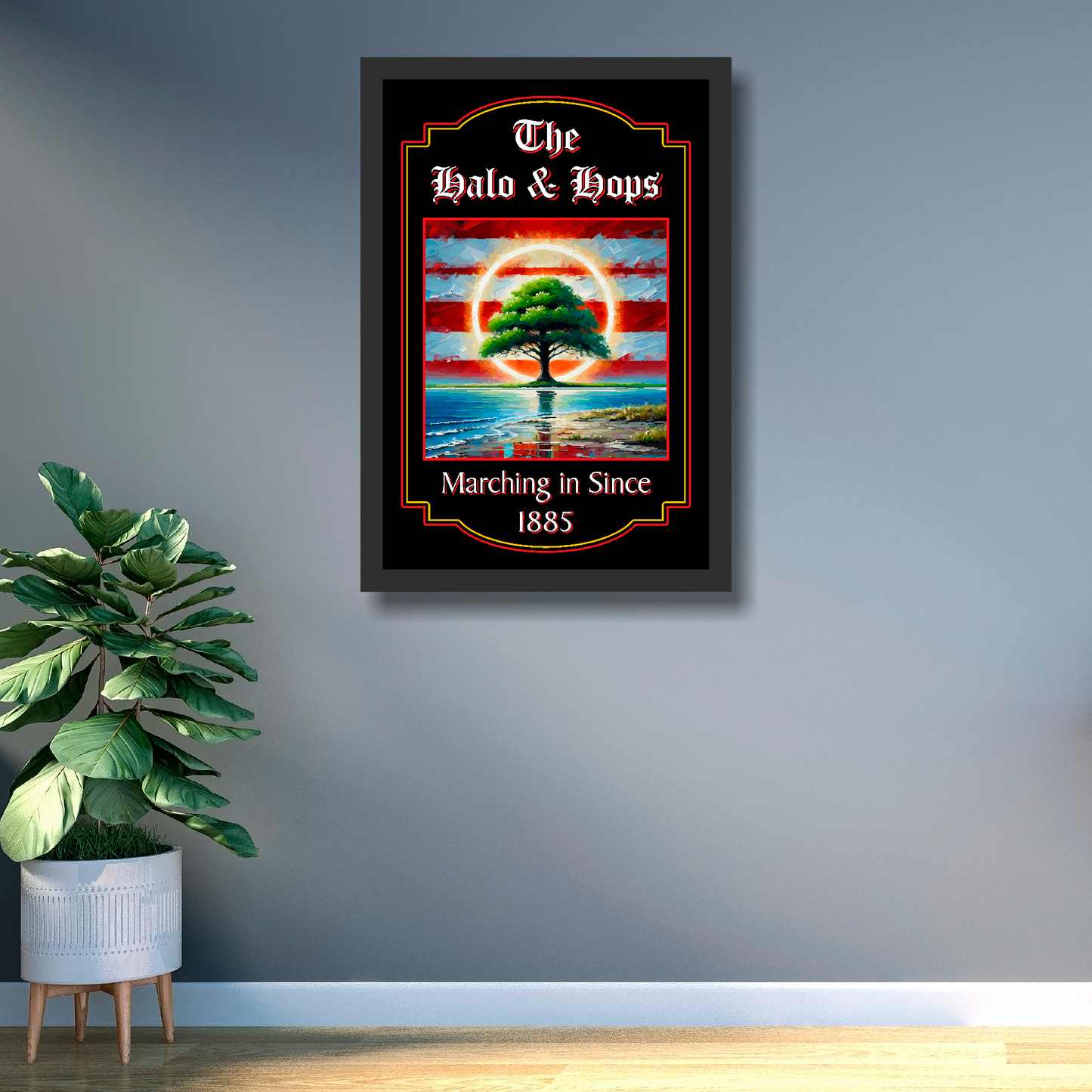 Southampton FC inspired pub sign 'The Halo & Hops' in a large black frame on a office wall