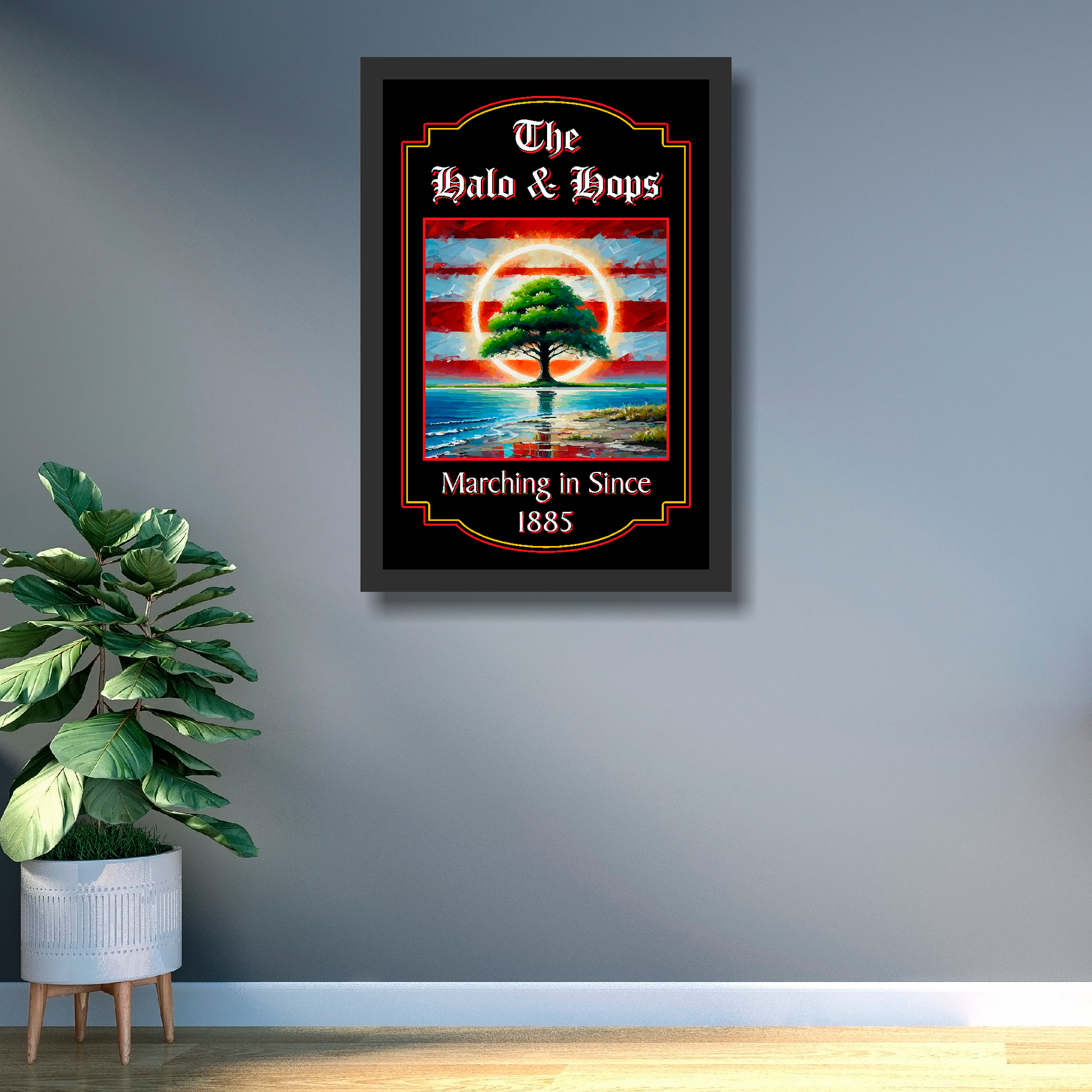 Southampton FC inspired pub sign 'The Halo & Hops' in a large black frame on a office wall