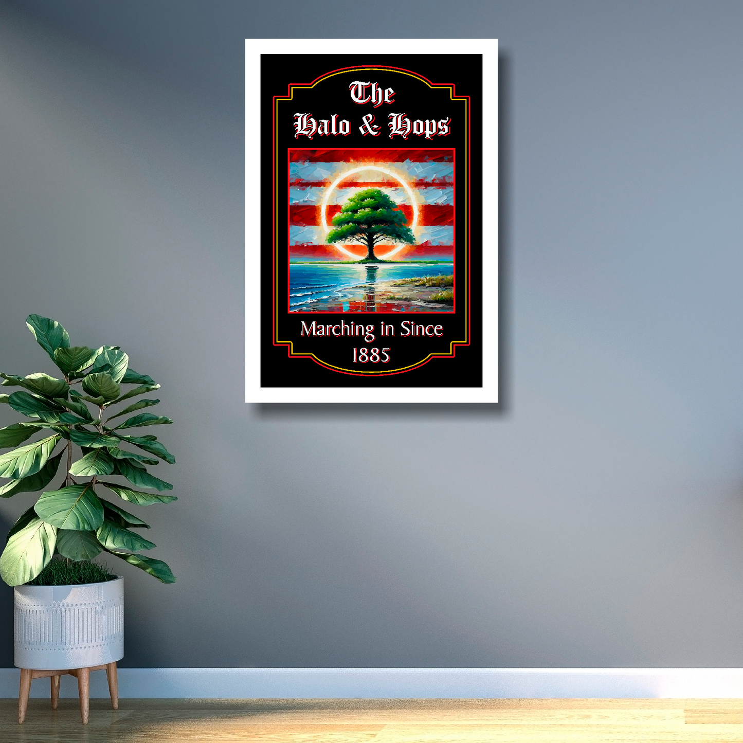 Southampton FC inspired pub sign 'The Halo & Hops' in a large white frame on a office wall