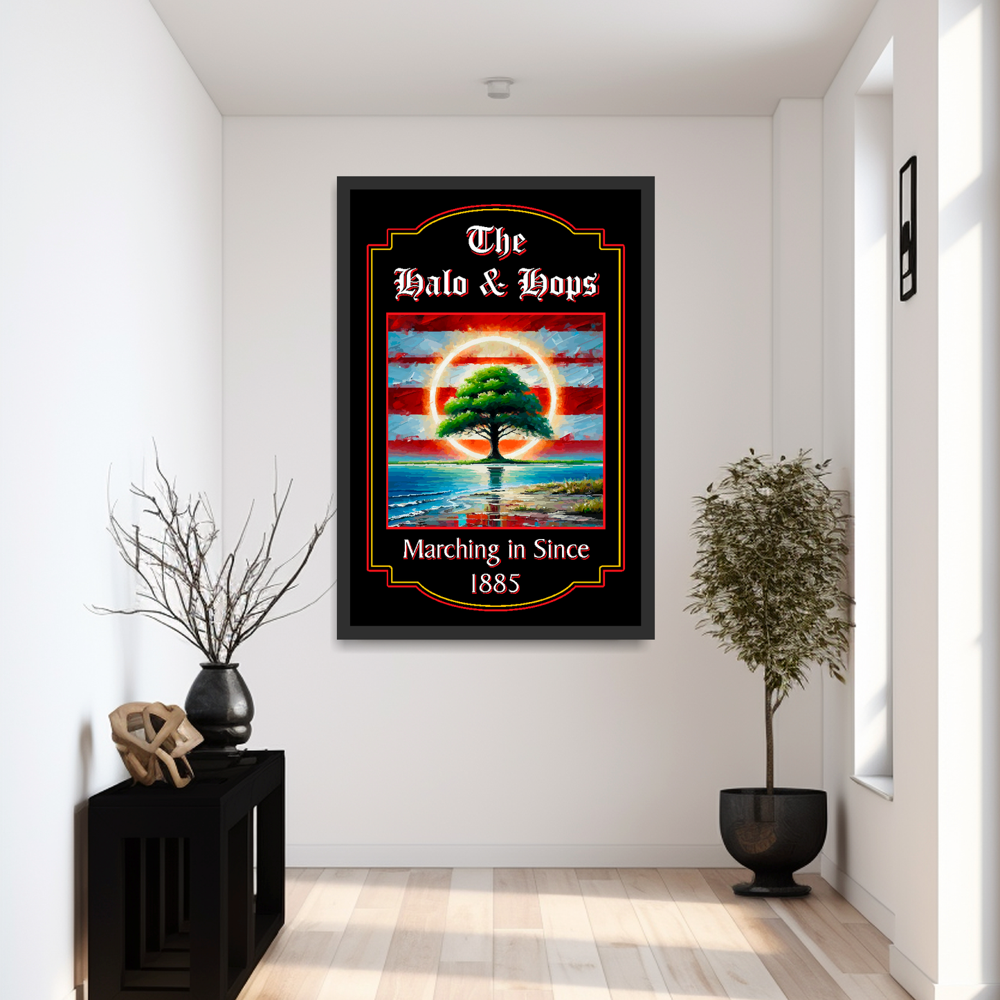 Southampton FC inspired pub sign 'The Halo & Hops' in a extra large black frame mounted on a reception wall