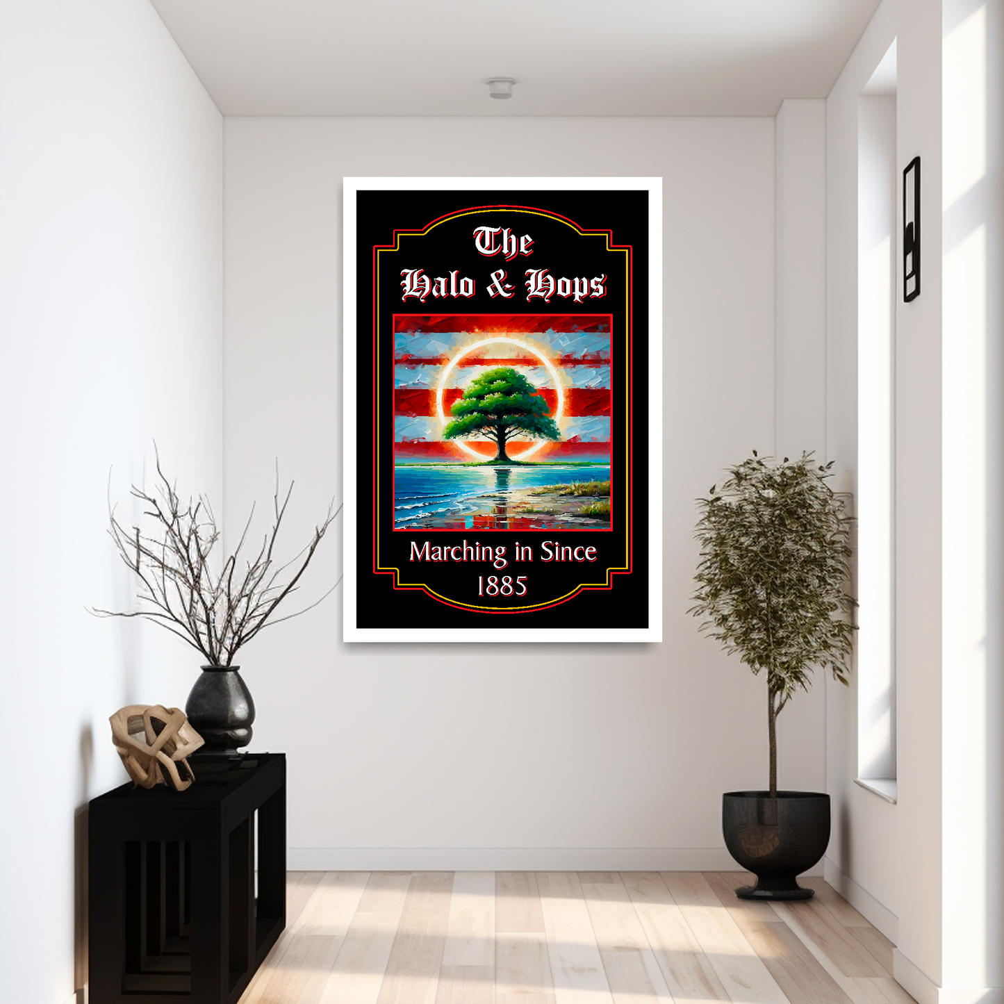 Southampton FC inspired pub sign 'The Halo & Hops' in a extra large white frame mounted on a reception wall
