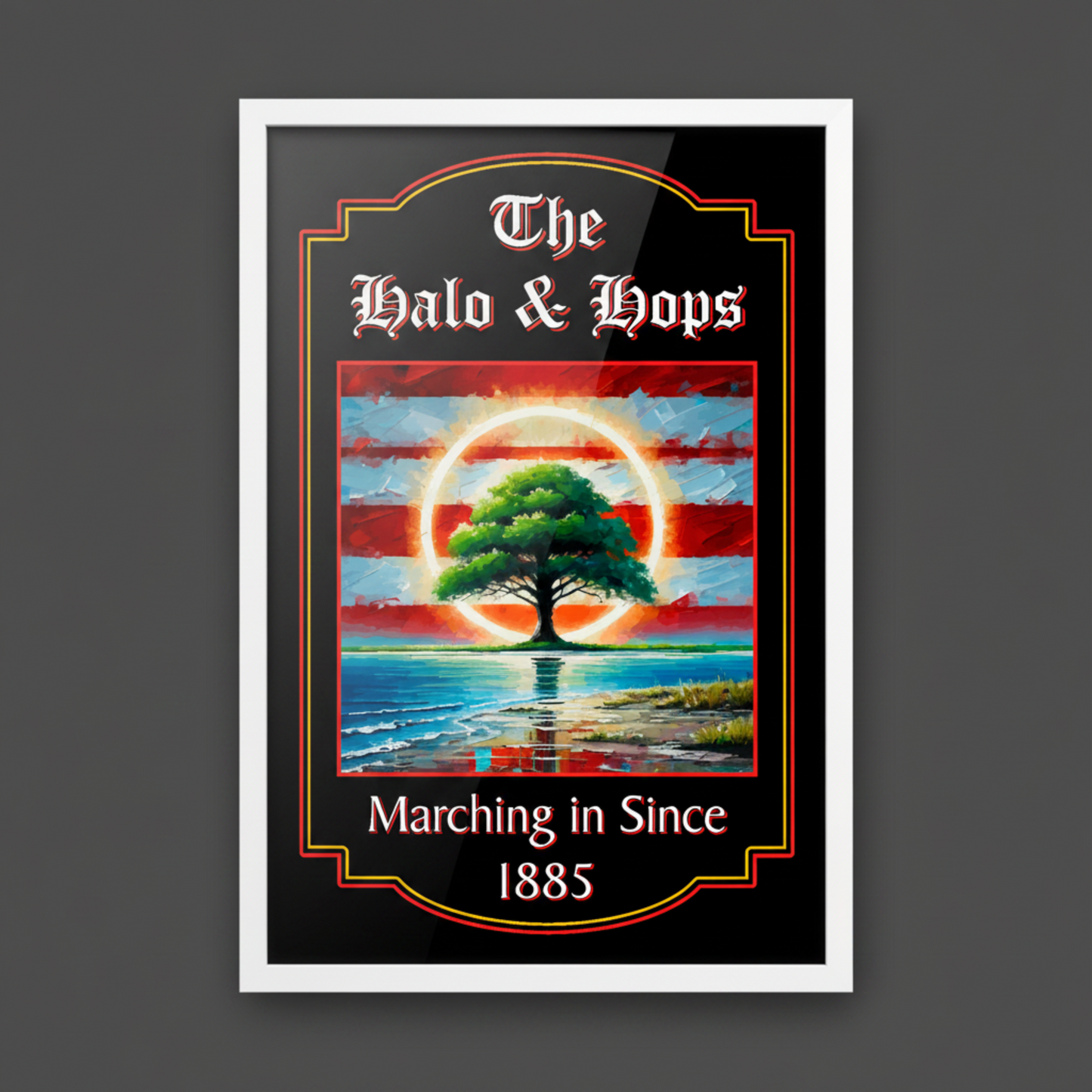 Southampton FC inspired pub sign 'The Halo & Hops' with illustration in a white frame