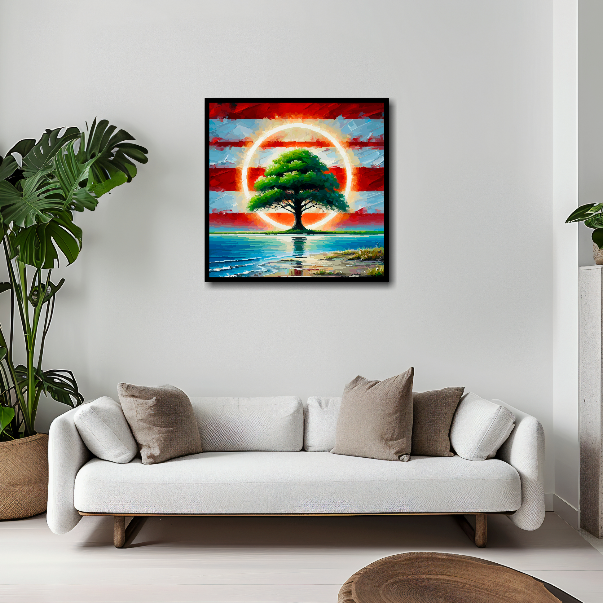 Southampton inspired canvas 20x20 inches above white sofa - vibrant UK football wall art