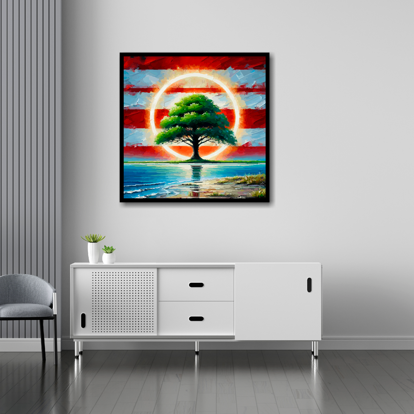 Southampton inspired canvas 30x30 inches above sideboard - large colourful UK football art made in Britain