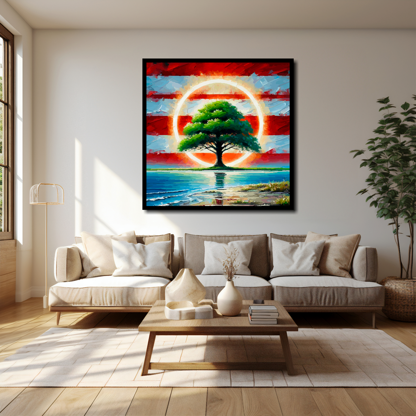 Southampton inspired canvas 40x40 inches above cream sofa - XL vibrant UK football wall art