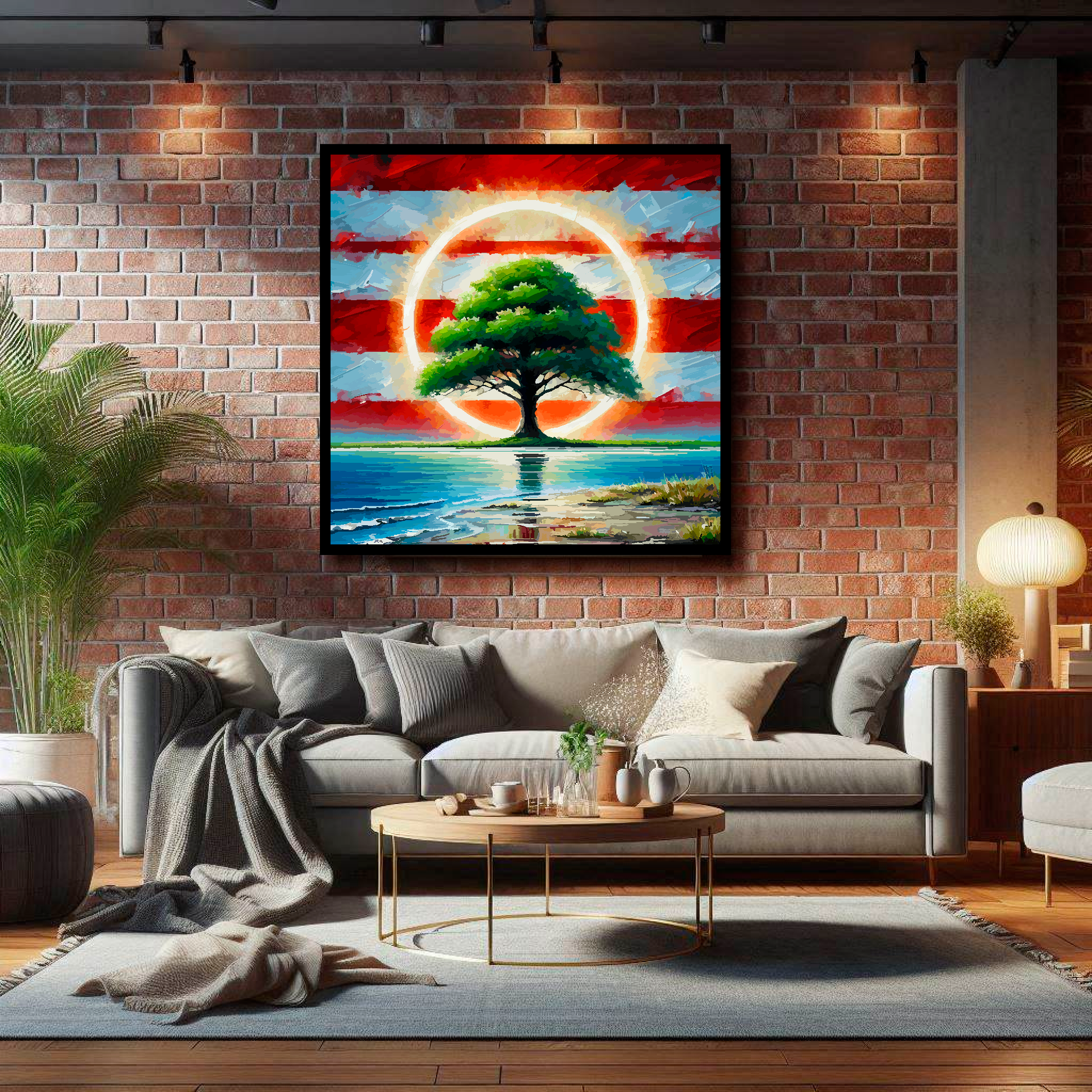 Large Southampton inspired canvas on brick wall above grey sofa - bold UK football art living room
