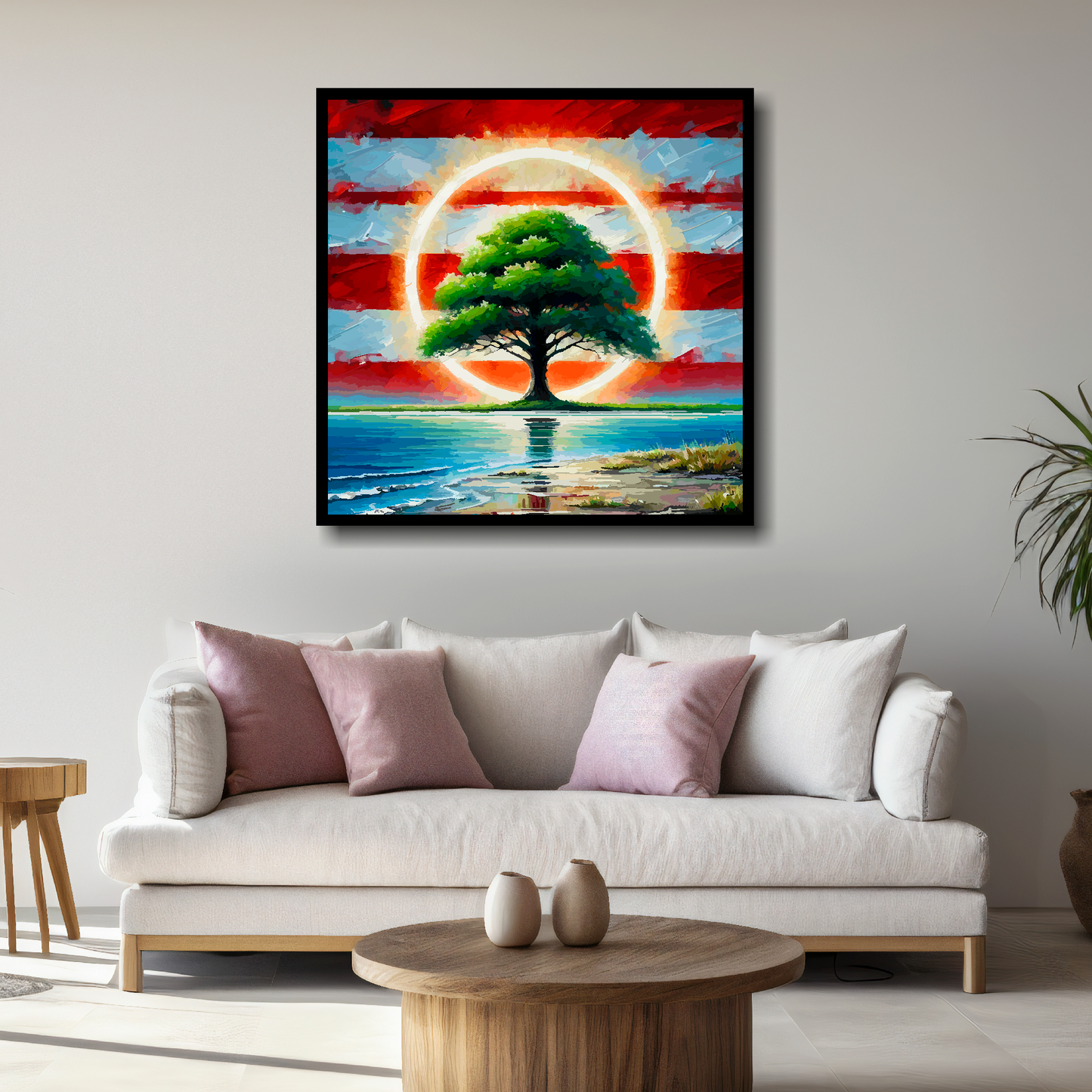 Large Southampton inspired canvas above white sofa - vibrant abstract UK football wall art