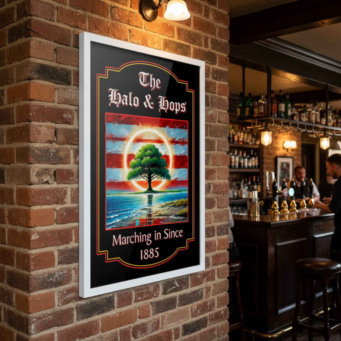 Southampton FC inspired pub sign 'The Halo & Hops' in a white frame mounted on a bar wall