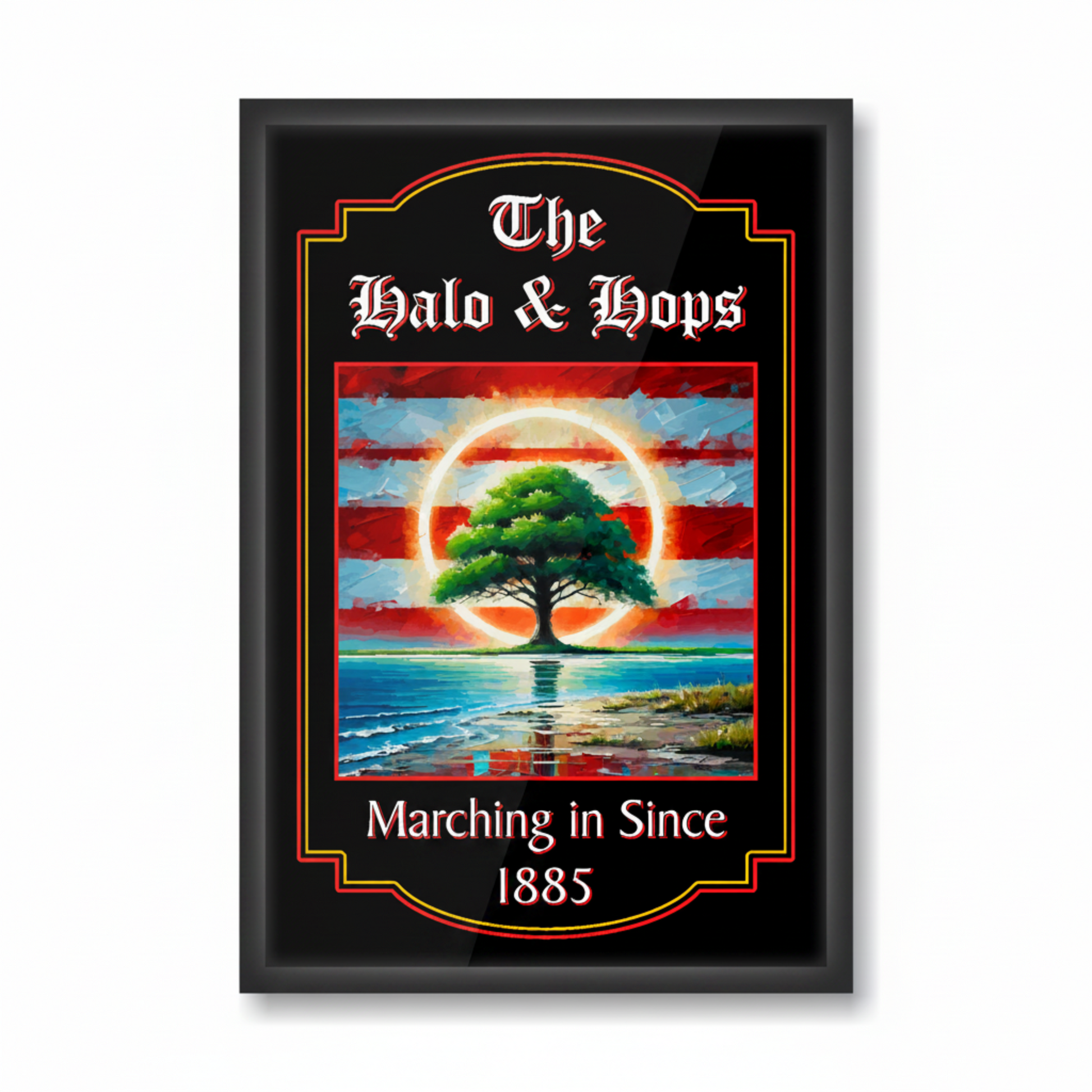 Southampton FC inspired pub sign 'The Halo & Hops' in a large black frame