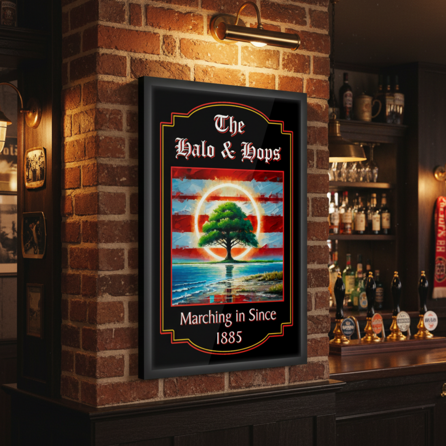 Southampton FC inspired pub sign 'The Halo & Hops' in a black frame mounted on a bar wall