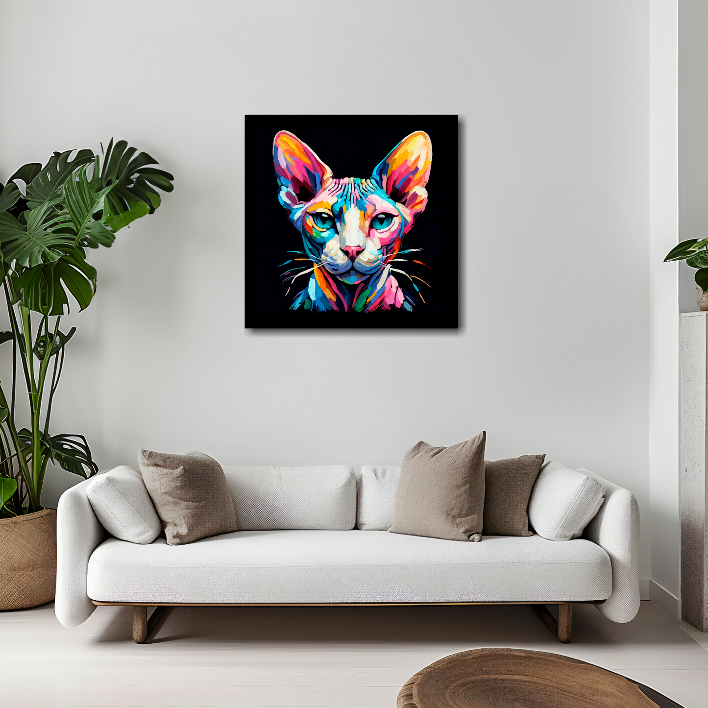 Sphynx cat canvas 20x20 inches above white sofa - vibrant cat portrait wall art UK