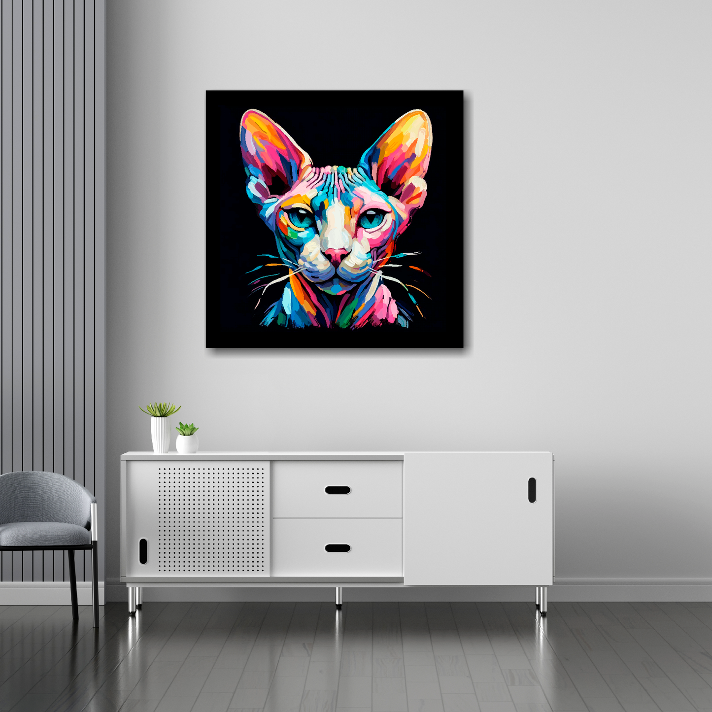 Sphynx cat canvas 30x30 inches above sideboard - large colourful cat portrait UK made