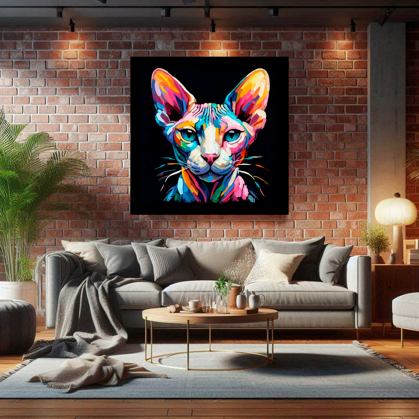 Large Sphynx cat canvas on brick wall above grey sofa - bold cat portrait UK living room
