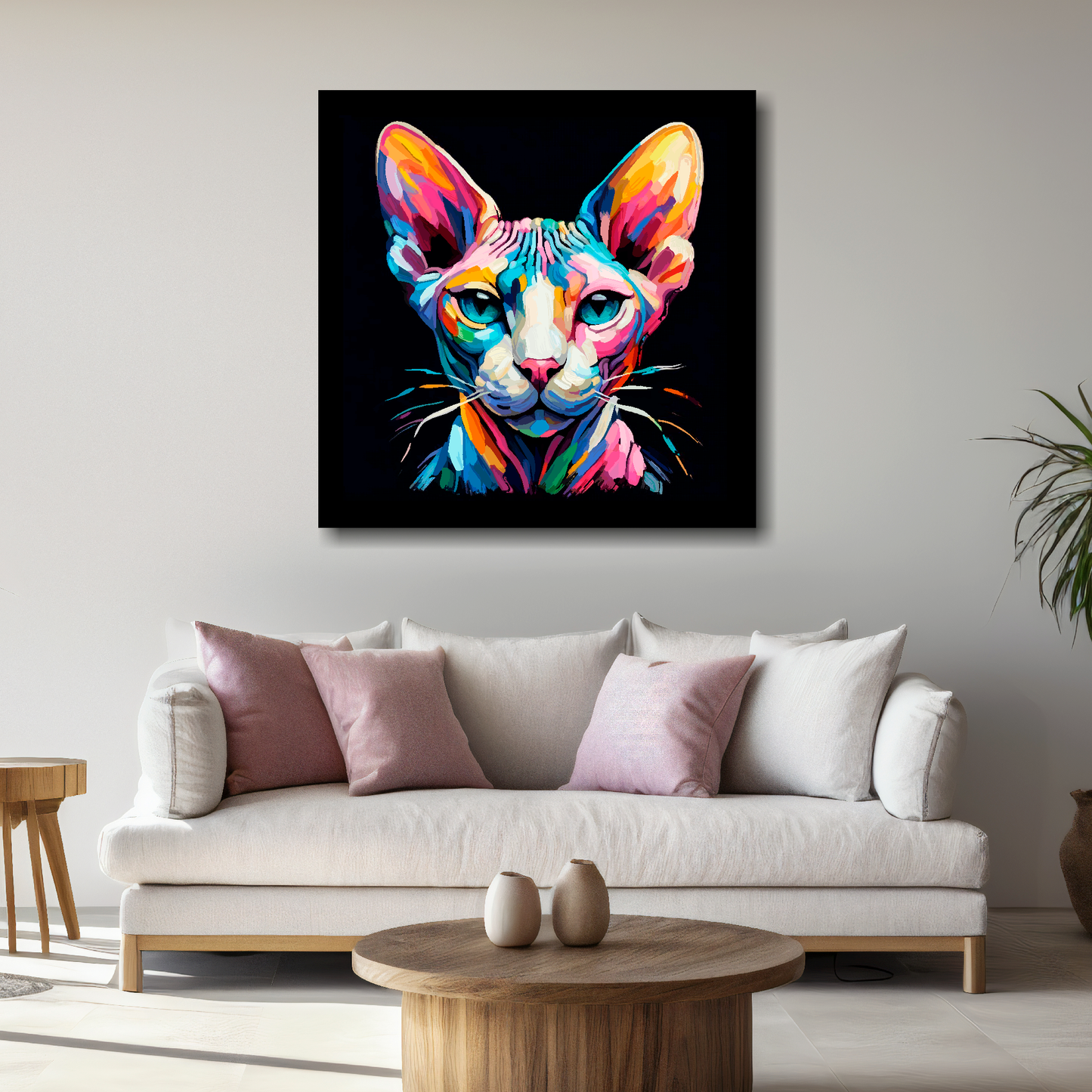Large Sphynx cat canvas above white sofa - vibrant abstract cat portrait wall art UK