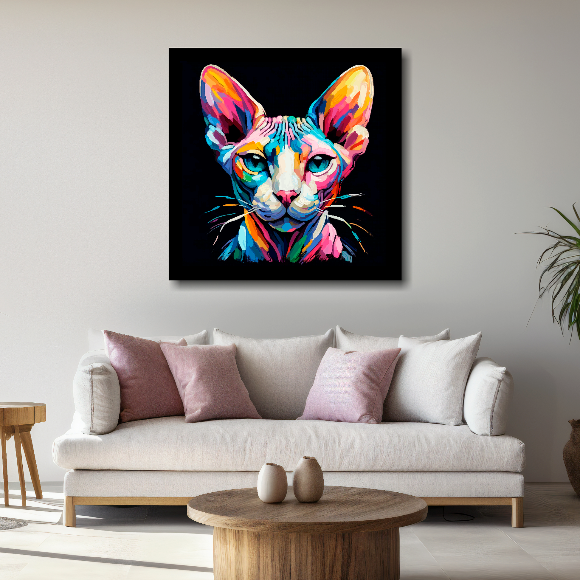 Large Sphynx cat canvas above white sofa - vibrant abstract cat portrait wall art UK