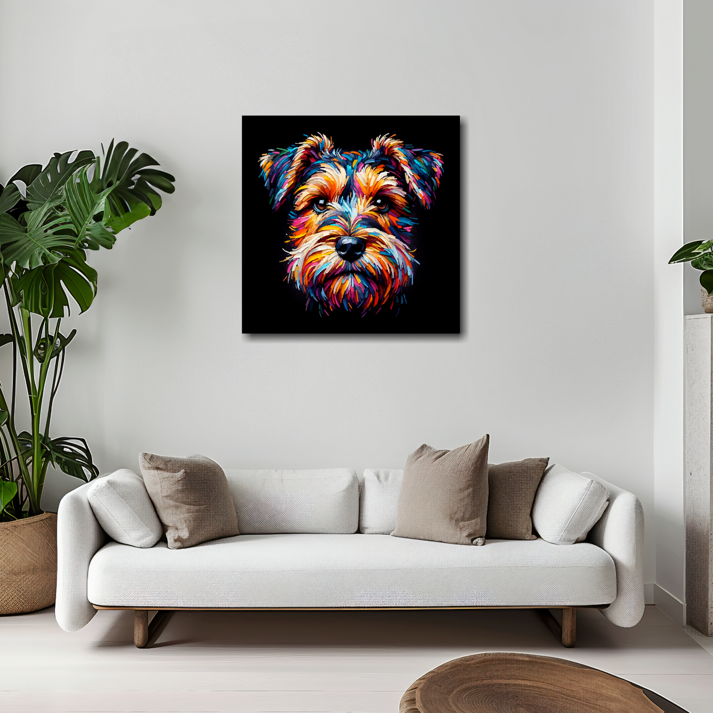 Sporting Lucas Terrier canvas 20x20 inches above white sofa - vibrant dog portrait wall art UK