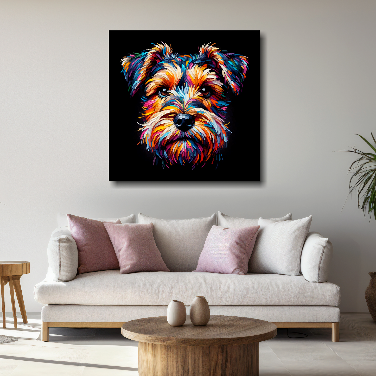 Large Sporting Lucas Terrier canvas above white sofa - vibrant abstract dog portrait wall art UK