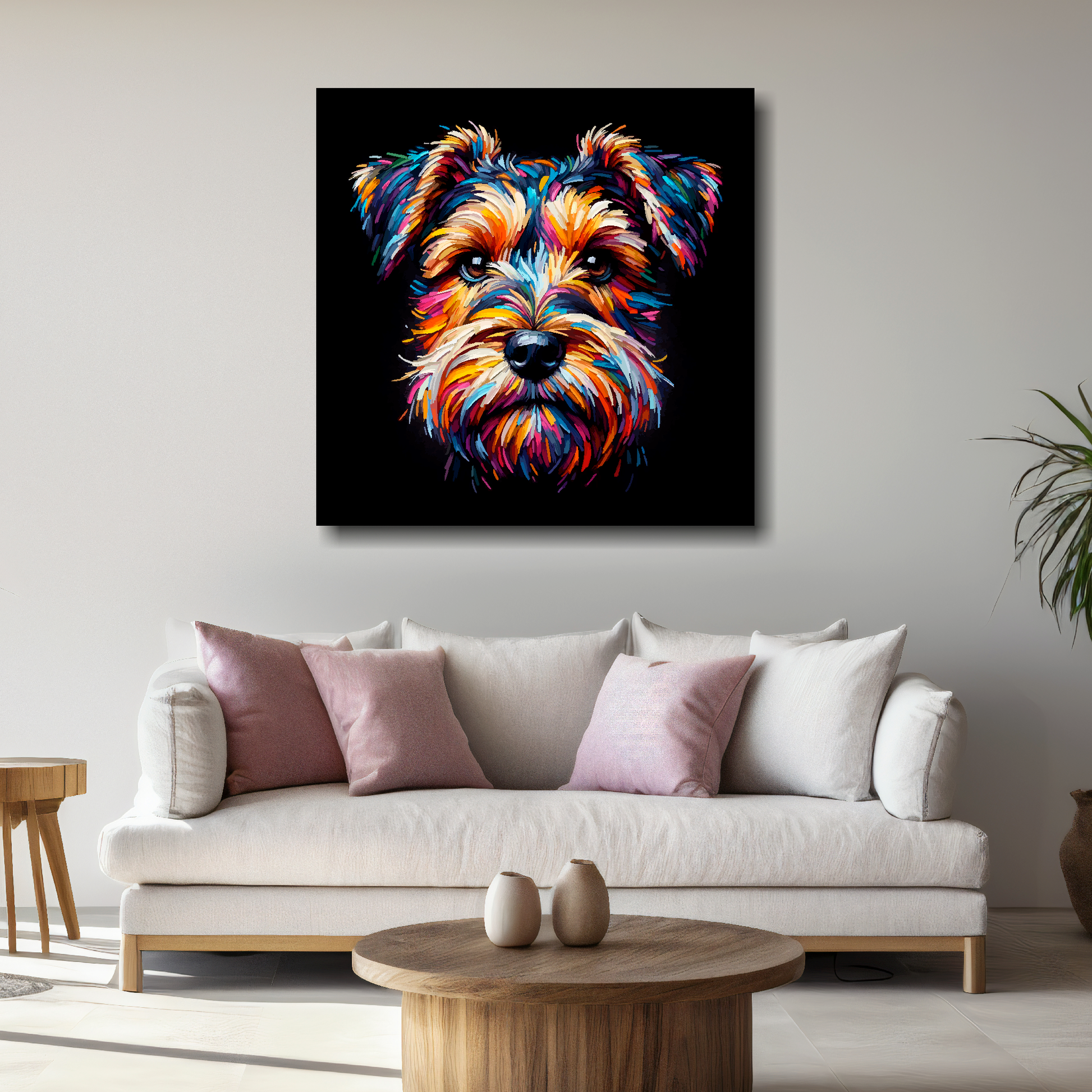 Large Sporting Lucas Terrier canvas above white sofa - vibrant abstract dog portrait wall art UK