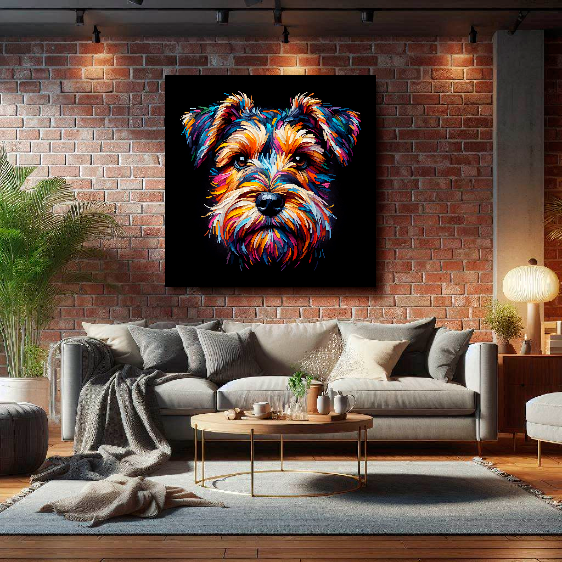 Large Sporting Lucas Terrier canvas on brick wall above grey sofa - bold dog portrait UK living room