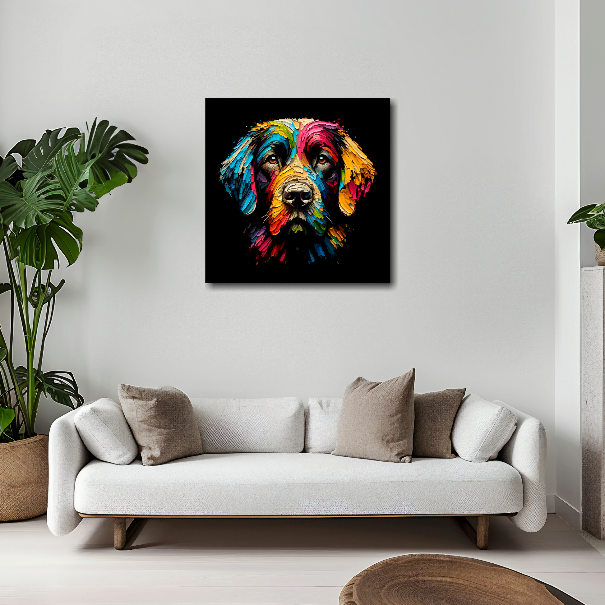 Springador canvas 20x20 inches above white sofa - vibrant dog portrait wall art UK