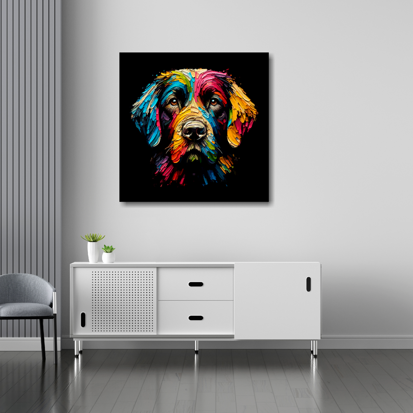 Springador canvas 30x30 inches above sideboard - large colourful dog portrait UK made