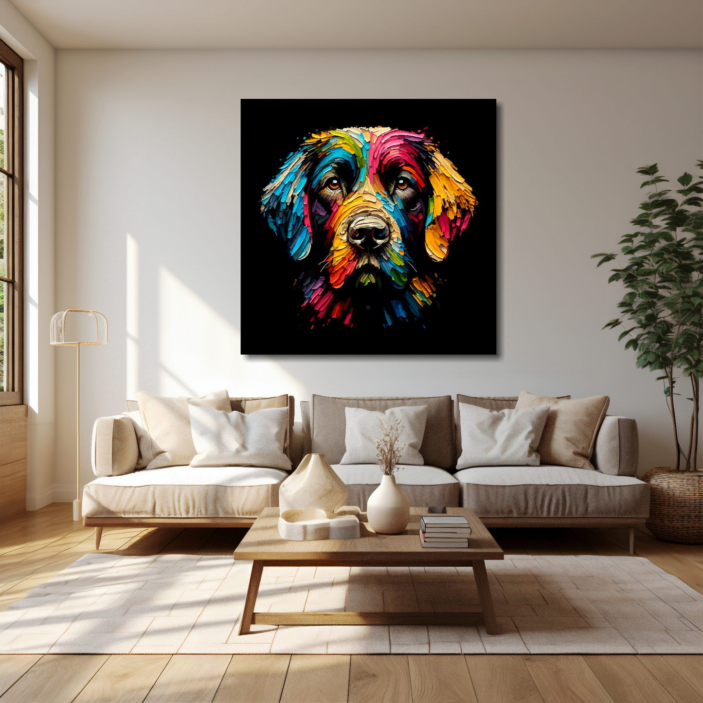 Springador canvas 40x40 inches above cream sofa - XL vibrant dog wall art UK