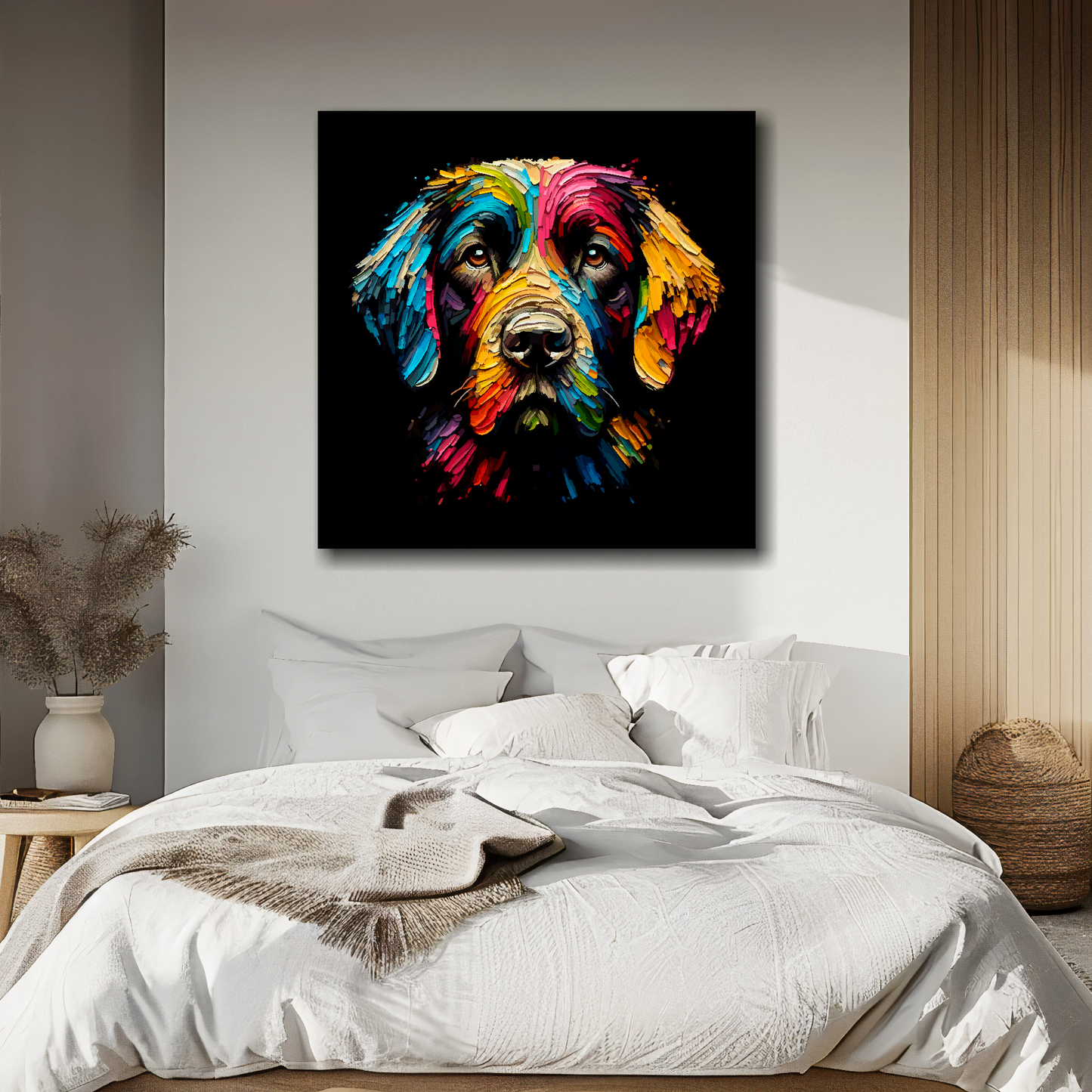Springador portrait canvas above bed - colourful dog wall decor for UK bedrooms