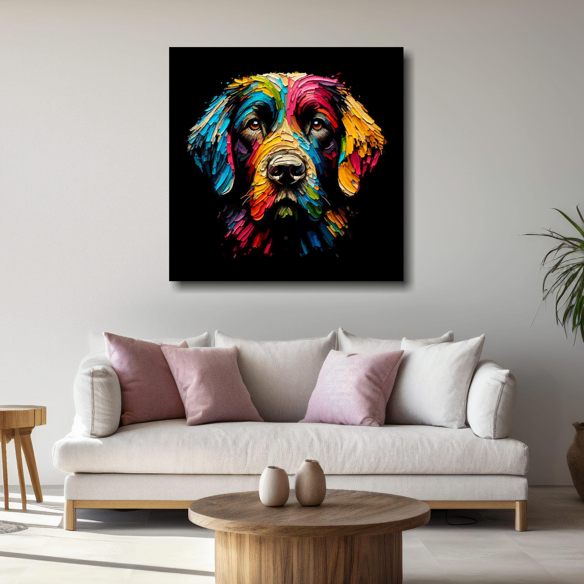 Large Springador canvas above white sofa - vibrant abstract dog portrait wall art UK