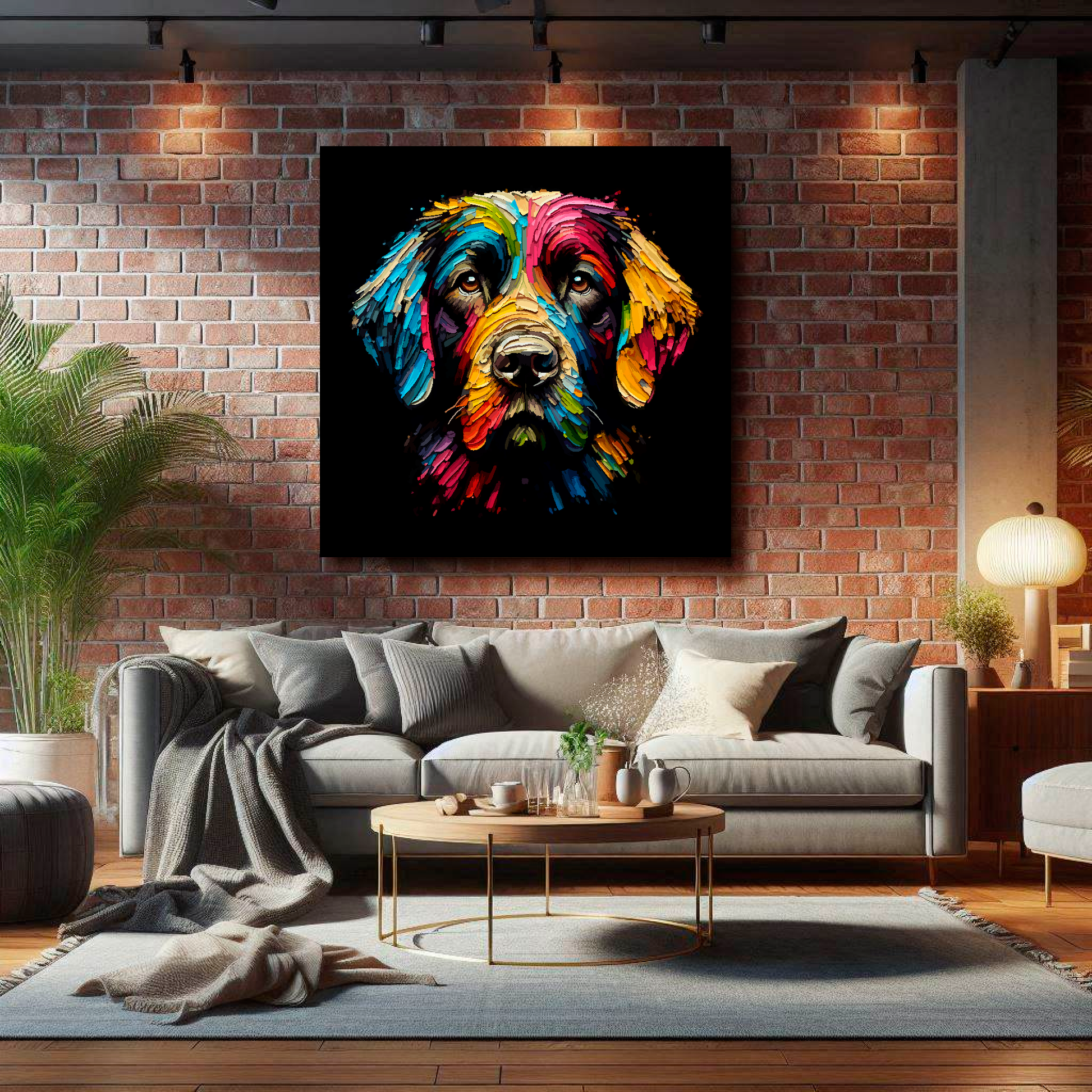 Large Springador canvas on brick wall above grey sofa - bold dog portrait UK living room