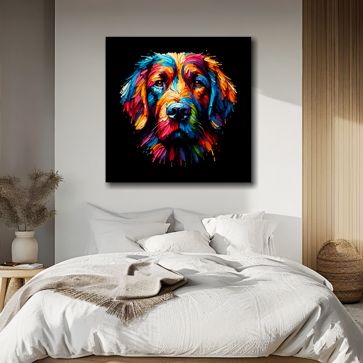 Springador portrait canvas above bed - colourful dog wall decor for UK bedrooms