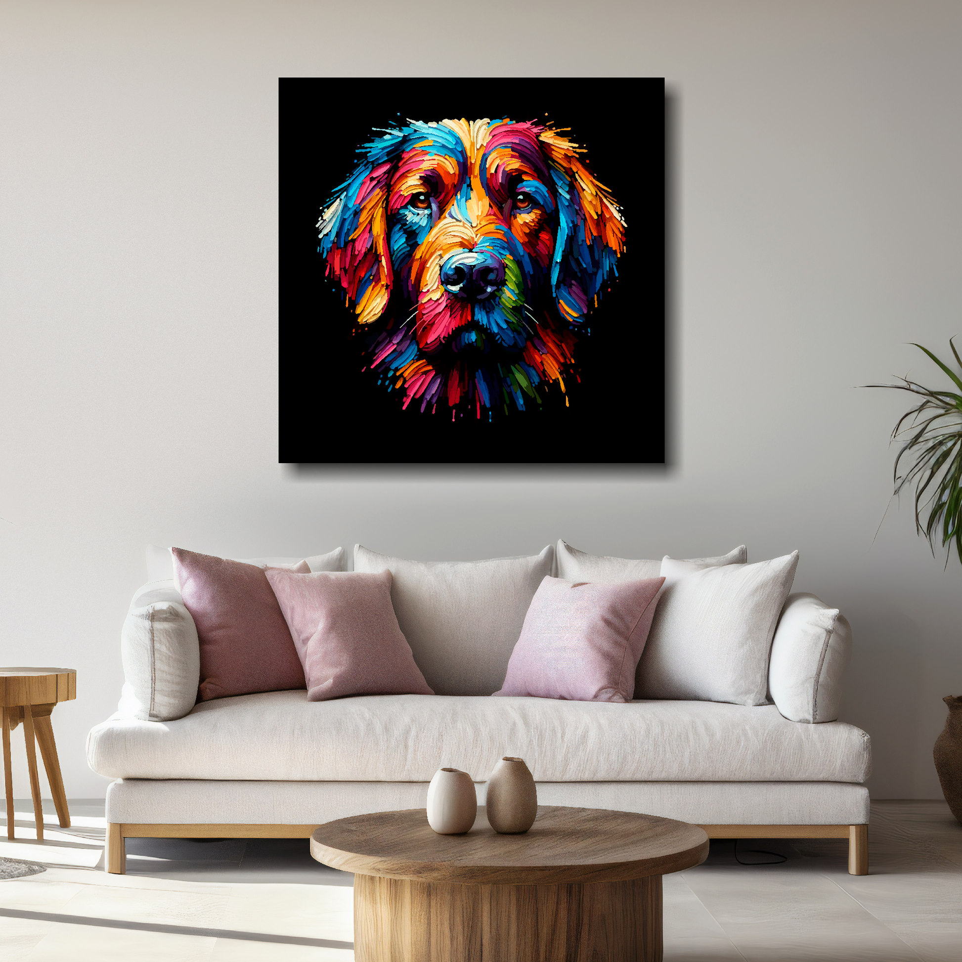Large Springador canvas above white sofa - vibrant abstract dog portrait wall art UK