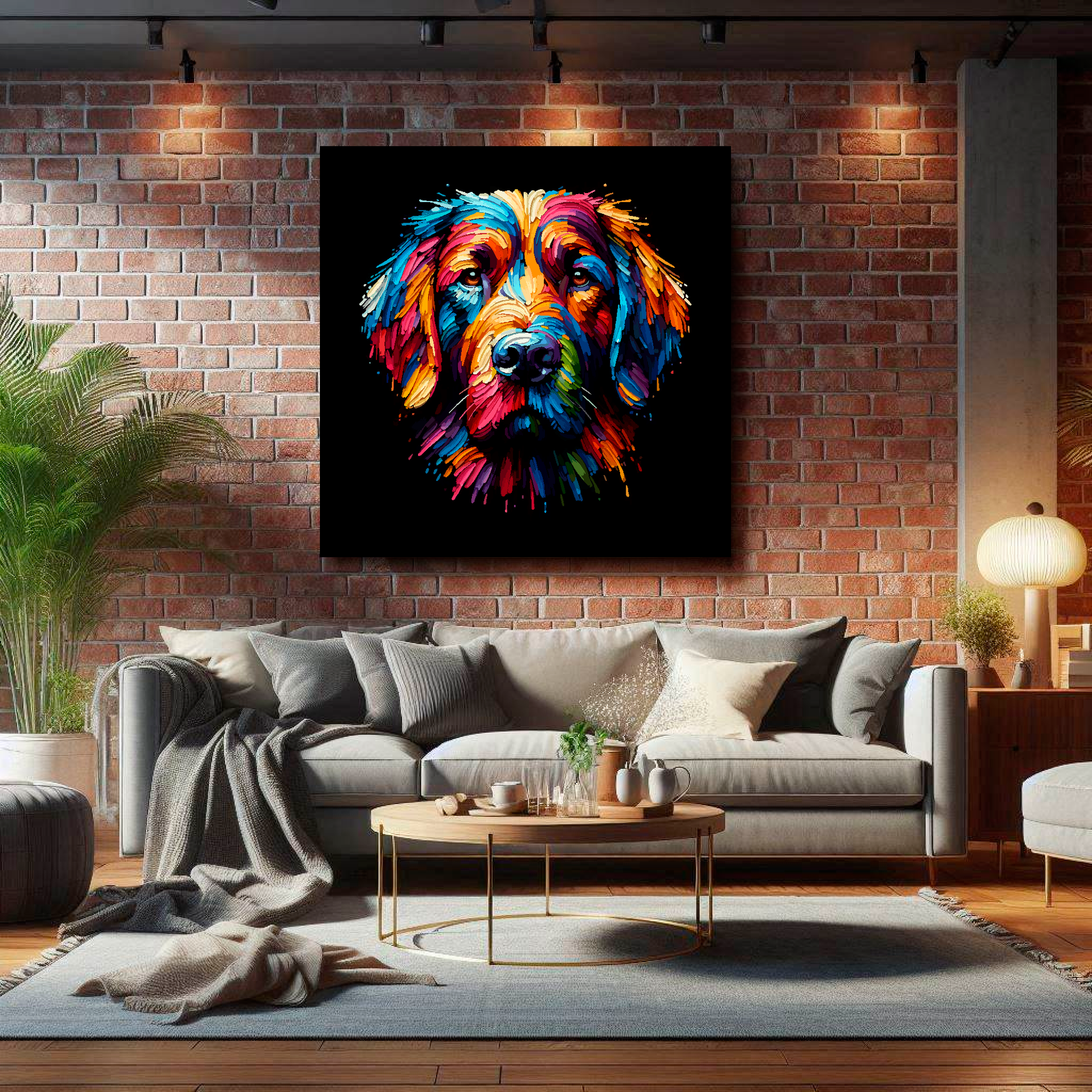 Large Springador canvas on brick wall above grey sofa - bold dog portrait UK living room