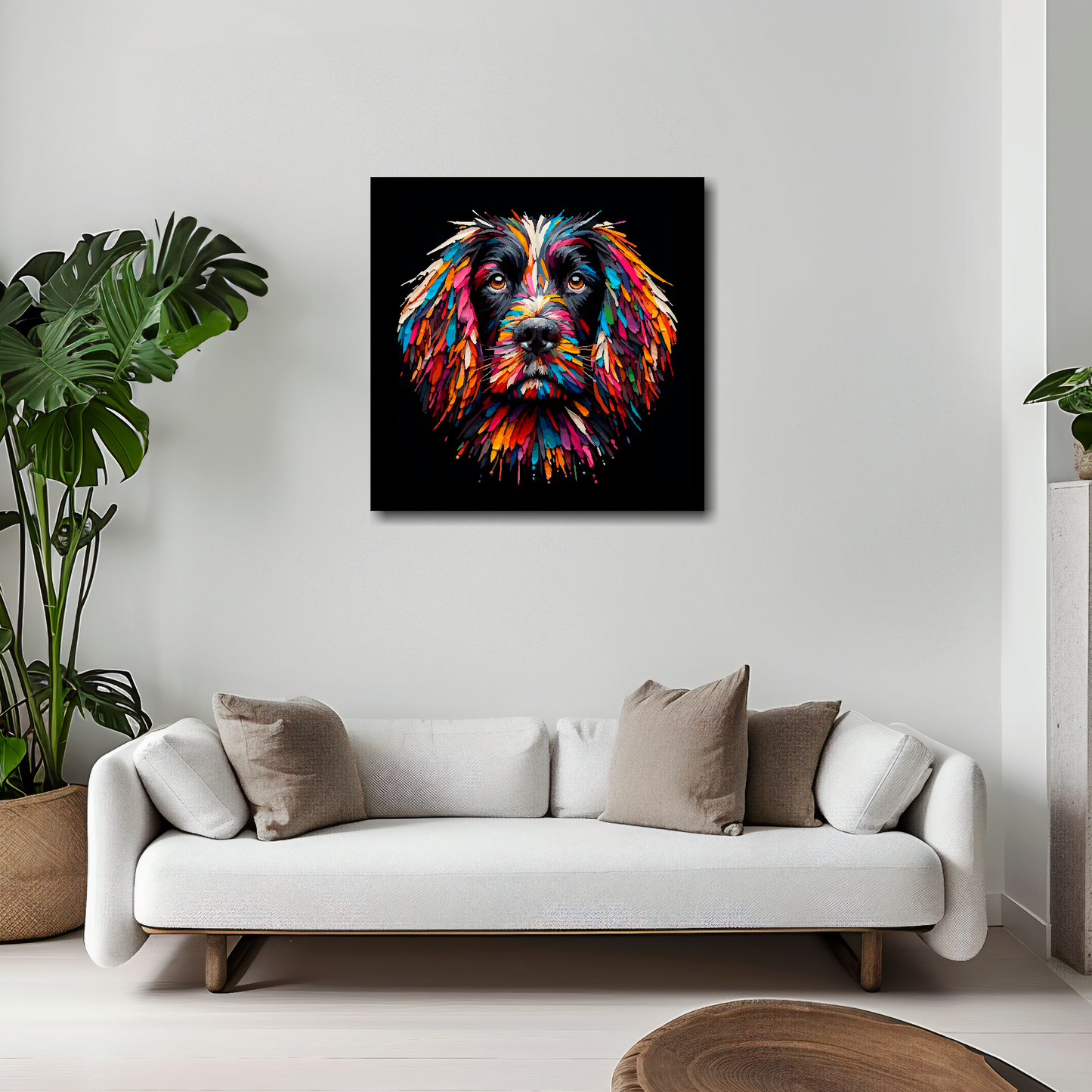 Sprocker Spaniel canvas 20x20 inches above white sofa - vibrant dog portrait wall art UK